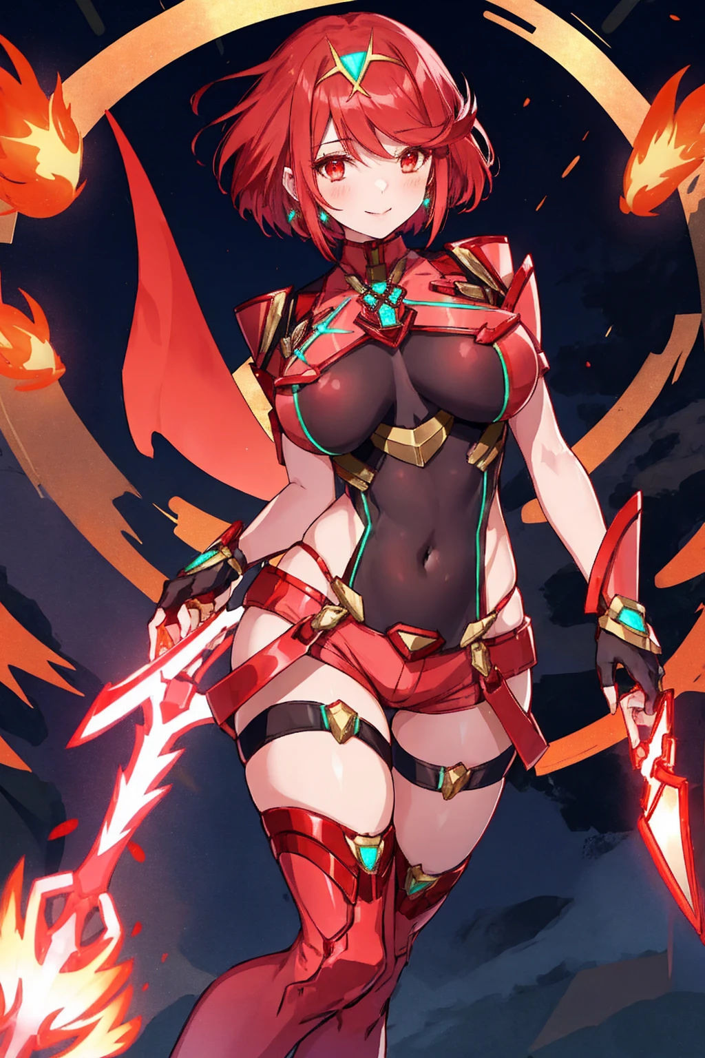 pyra \(xenoblade\), young__1girl, armor, bangs, black gloves, breasts, red eyes, closed mouth, earrings, eyelashes, fingerless gloves, floating hair, framed breasts, gem, gloves, hair ornament, headpiece, jewelry, big_breasts, leaning back, leotard, neon trim, official art, pose, red hair, red shorts, saitou masatsugu, short hair, short shorts, short sleeves, shorts, sidelocks, skin tight, solo, standing, swept bangs, thighhighs, tiara, night_prairie_background, turtleneck, underbust, vambraces, xenoblade chronicles \(series\), (xenoblade chronicles 2), apart_legs, fire_effect,dynamic_pose_fighting,light_smile, (plump:1.1), big_ass,huge_sword, hold_large_sword_hilt, solo, covered_nipples, covered_pussy,