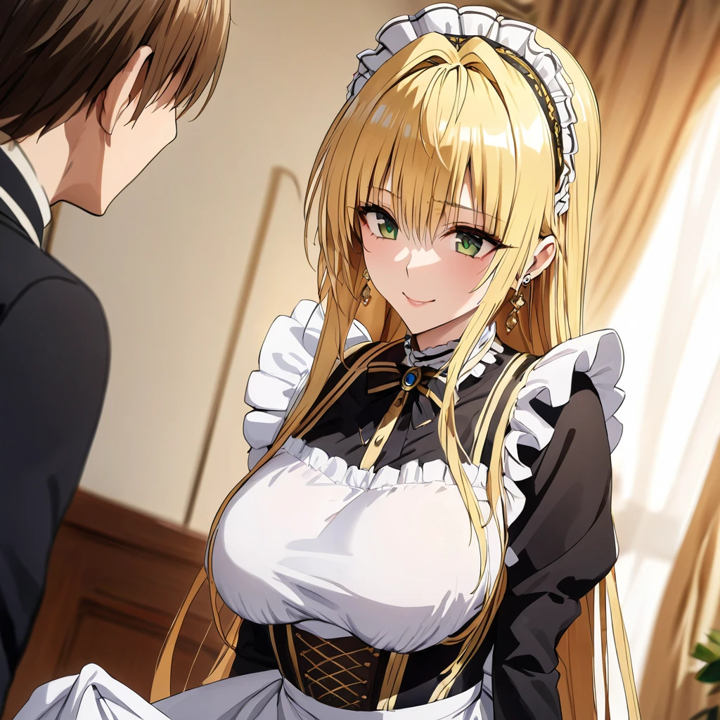 A woman is raped and violated by a man、The luxurious and high-class Victorian maid outfit is evenly decorated with gorgeous gold embroidery and edging, and the blouse, apron, and headband also have gorgeous gold embroidery and edging.、((Highest quality)), ((masterpiece)), (detailed), (Perfect Face)、The woman is Tierre, with green eyes, medium-long blonde hair, a Victorian maid outfit and maid headband, jeweled earrings, and an engagement ring.、The woman is smiling fondly in a luxurious room、The Victorian maid uniform is a calm, old-fashioned type with long sleeves and a long skirt, decorated with luxurious gold embroidery and edging.
