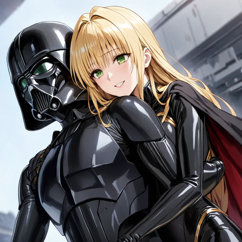 ((Highest quality)), ((masterpiece)), (detailed), （Perfect Face）、The woman is a Stormtrooper named Tiare, with green eyes, medium-long blonde hair, and is wearing a gorgeous black Stormtrooper bodysuit with gold patterns and trim, a gorgeous black cape, and a Darth Vader helmet.、The woman loves Darth Vader and smiles sweetly at him as she leans against him, and Darth Vader holds the woman close.