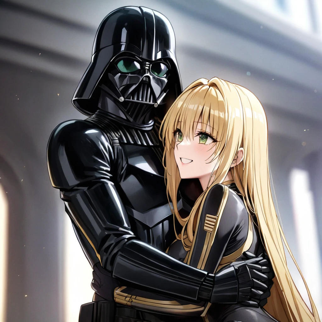 ((Highest quality)), ((masterpiece)), (detailed), (Perfect Face)、The woman is a Stormtrooper named Tiare, with green eyes, medium-long blonde hair, and is wearing a gorgeous black Stormtrooper bodysuit with gold patterns and trim, a gorgeous black cape, and a Darth Vader helmet.、The woman loves Darth Vader and smiles sweetly at him as she leans against him, and Darth Vader holds the woman close.