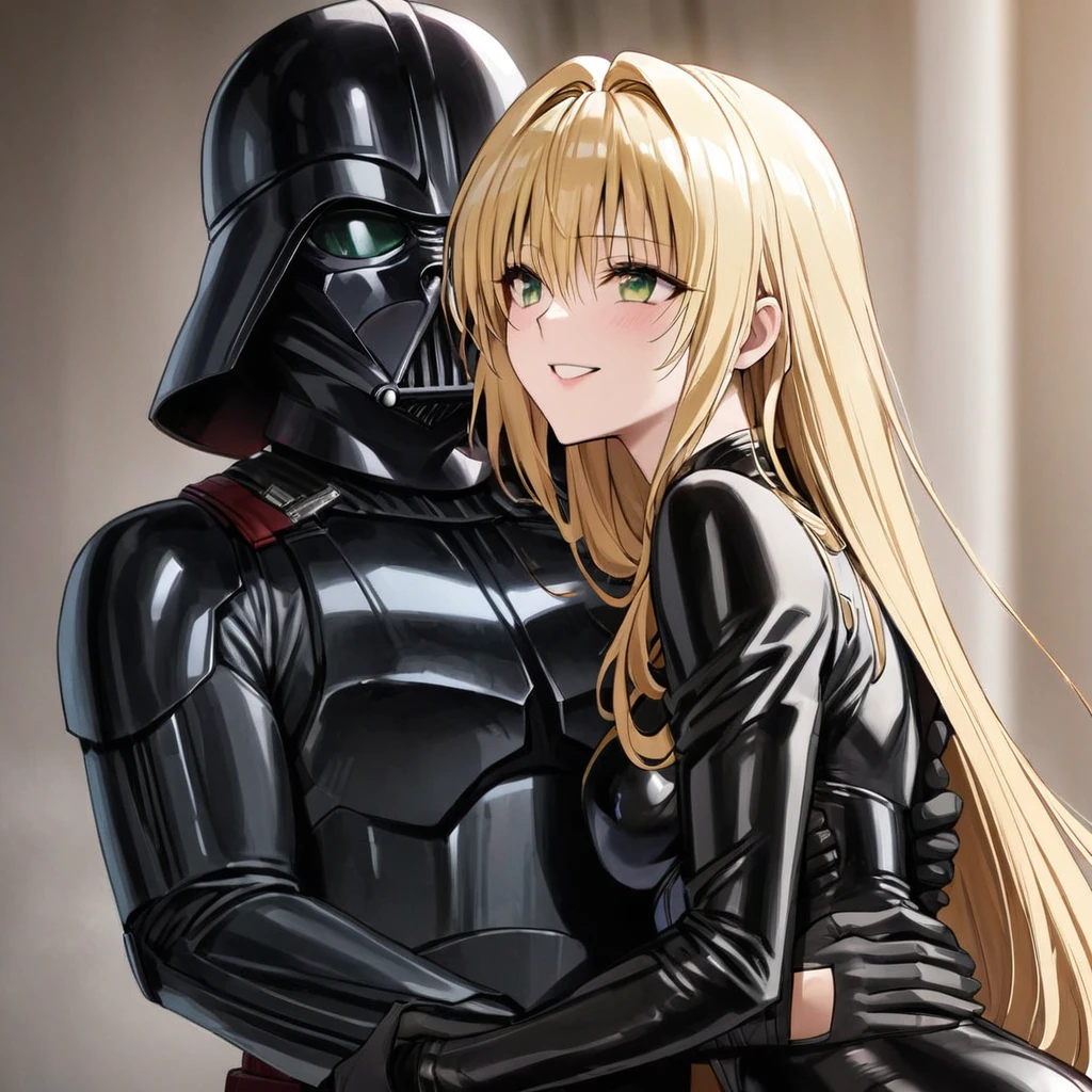 ((Highest quality)), ((masterpiece)), (detailed), （Perfect Face）、The woman is a Stormtrooper named Tiare, with green eyes, medium-long blonde hair, and is wearing a gorgeous black Stormtrooper bodysuit with gold patterns and trim, a gorgeous black cape, and a Darth Vader helmet.、The woman loves Darth Vader and smiles sweetly at him as she leans against him, and Darth Vader holds the woman close.
