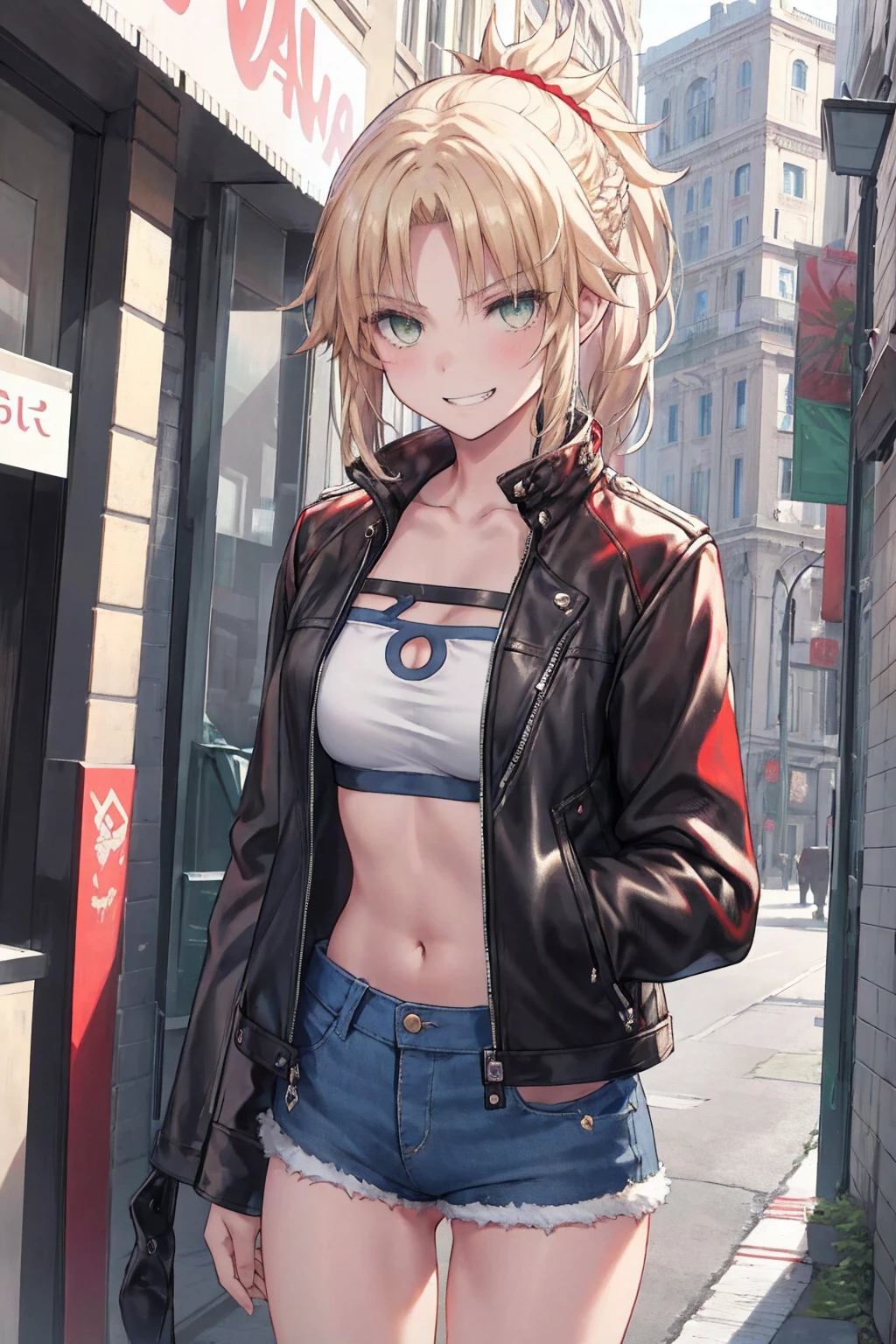 Masterpiece, Best Quality, illustration, city street, 1girl, Mordred \(fate\), cowboy shot, collarbone, Detailed blond hair ponytail braid, green eyes, Red leather jacket, White short blouse, denim shorts,navel,thigh-high,grin, covered_pussy,skiny,long_sword,