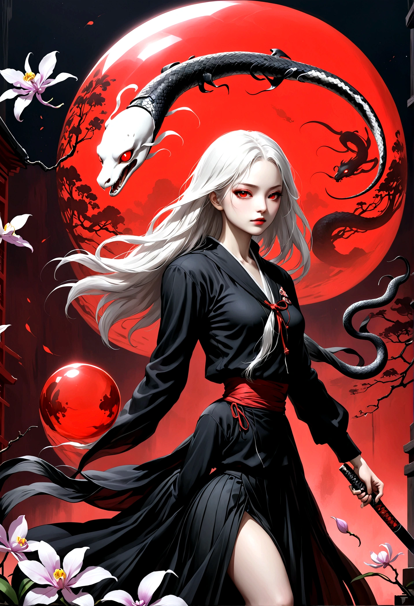 (style of santiago caruso:1.1),1 girl，Black sailor suit pleated skirt，Blurred foreground，orchid，Long white hair fluttering in the wind，Background blur，Red sphere background，permanent，Japanese sword，握着Japanese sword，（眼睛被orchid盖住），A transparent bioluminescent bone snake wrapped around the body