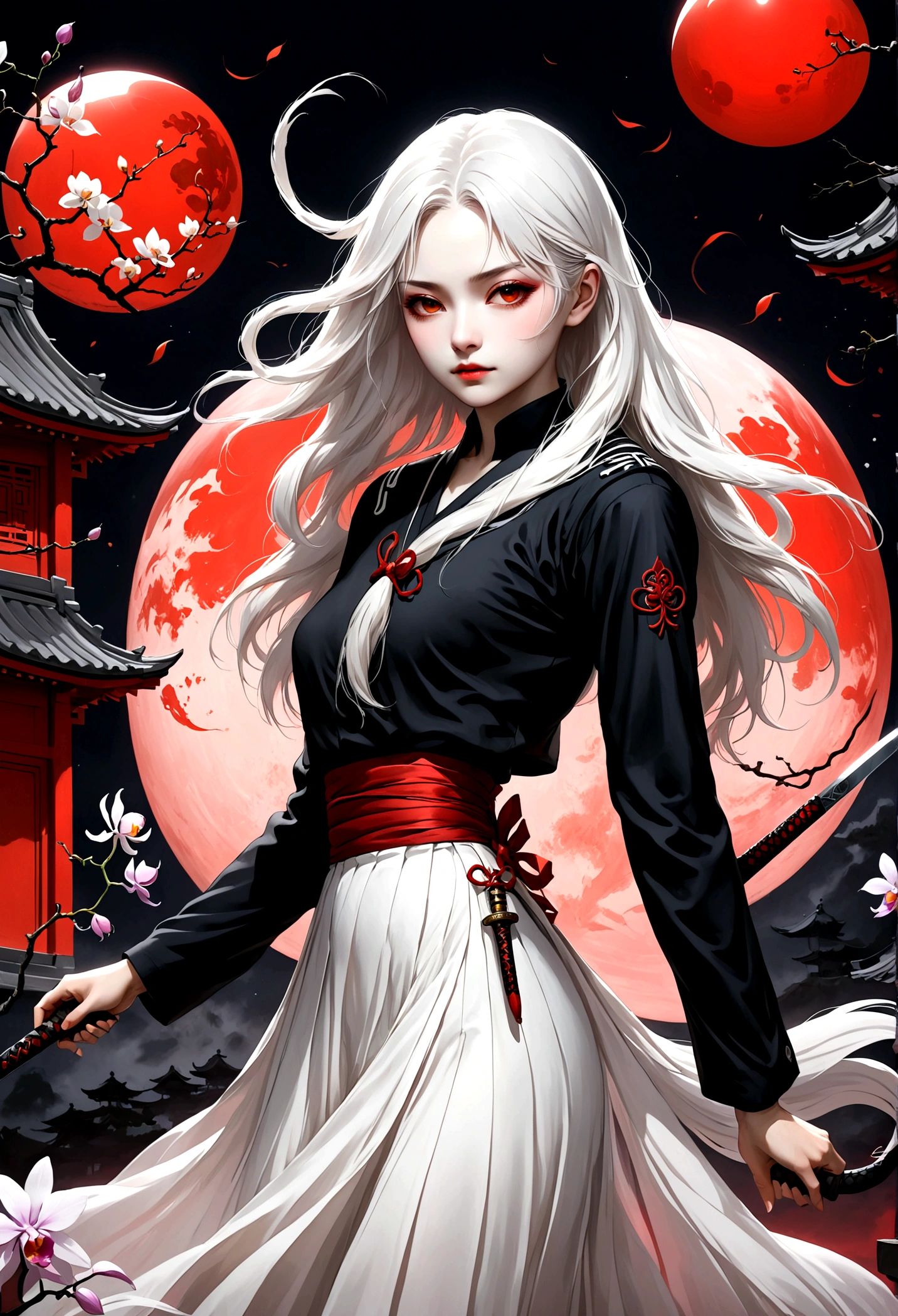 (style of santiago caruso:1.1),1 girl，Black sailor suit pleated skirt，Blurred foreground，orchid，Long white hair fluttering in the wind，Background blur，Red sphere background，permanent，Japanese sword，握着Japanese sword，（眼睛被orchid盖住），A transparent bioluminescent bone snake wrapped around the body