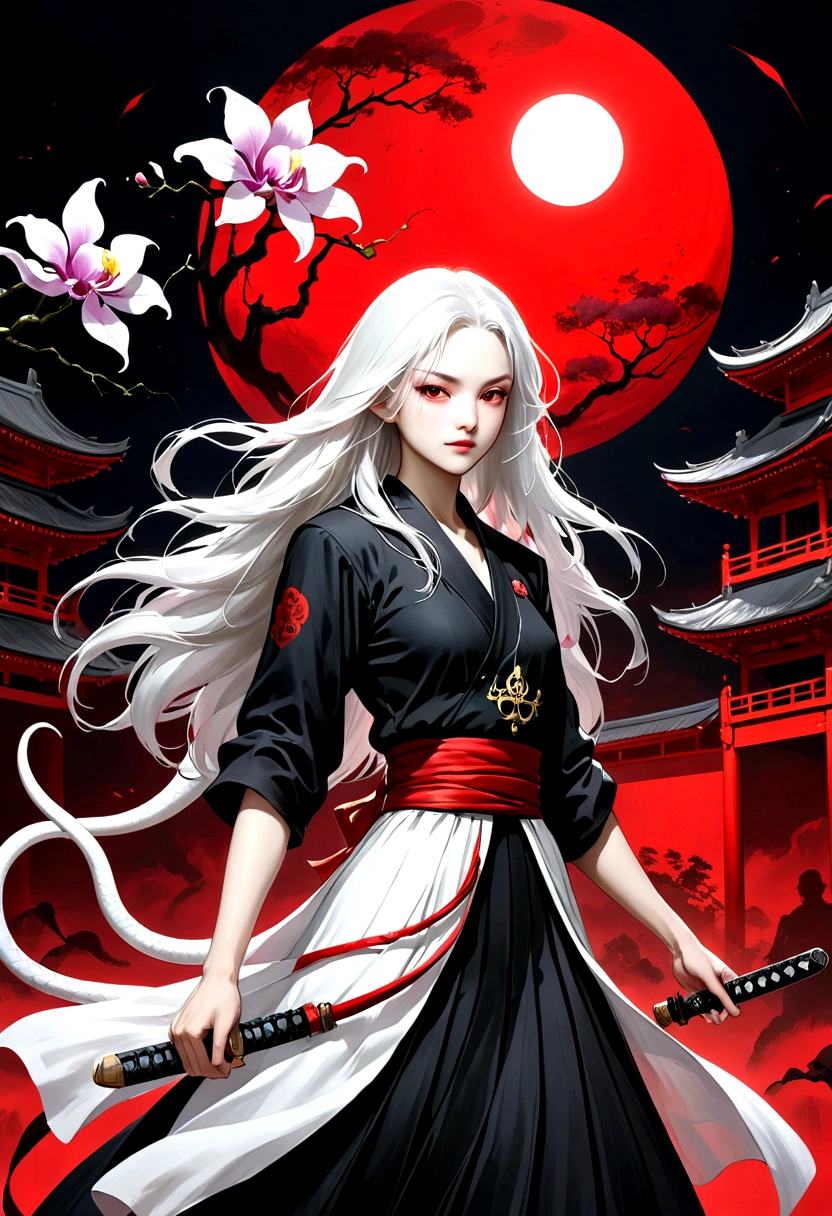 (style of santiago caruso:1.1),1 girl，Black sailor suit pleated skirt，Blurred foreground，orchid，Long white hair fluttering in the wind，Background blur，Red sphere background，permanent，Japanese sword，握着Japanese sword，（眼睛被orchid盖住），A transparent bioluminescent bone snake wrapped around the body