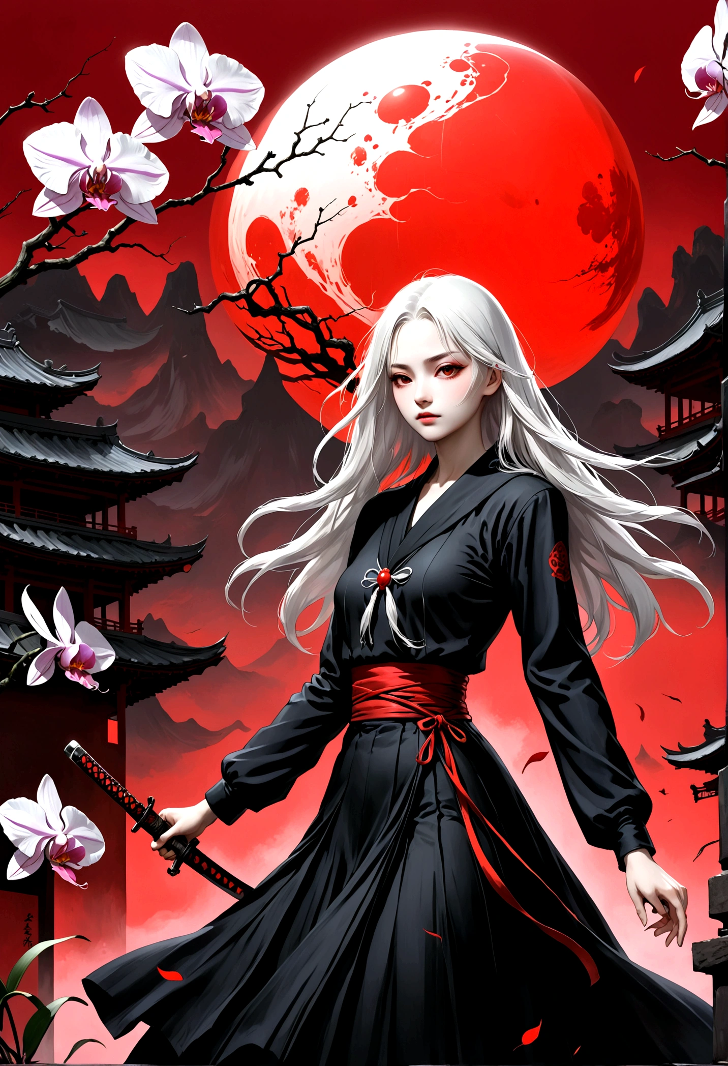 (style of santiago caruso:1.1),1 girl，Black sailor suit pleated skirt，Blurred foreground，orchid，Long white hair fluttering in the wind，Background blur，Red sphere background，permanent，Japanese sword，握着Japanese sword，（眼睛被orchid盖住：1.37），A transparent bioluminescent bone snake wrapped around the body