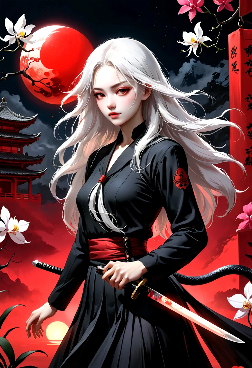 (style of santiago caruso:1.1),1 girl，Black sailor suit pleated skirt，Blurred foreground，orchid，Long white hair fluttering in the wind，Background blur，Red sphere background，permanent，Japanese sword，握着Japanese sword，（眼睛被orchid盖住：1.37），A transparent bioluminescent bone snake wrapped around the body