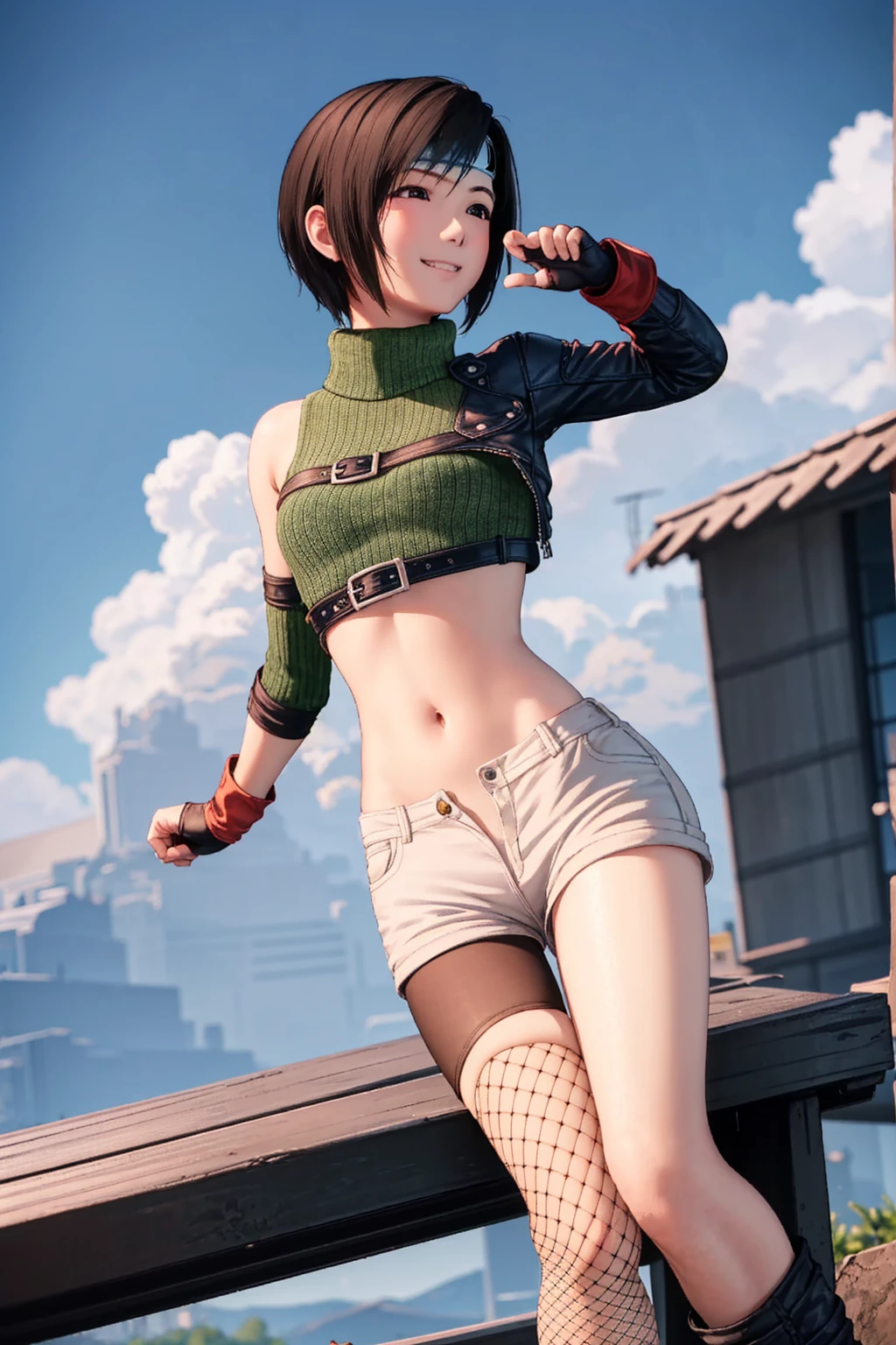 yuffiekisaragi, Yuffie Kisaragi,Haircuts, pixie cut,
壊す crop top, fingerless gloves, fishnet Thighhighs, fishnet, forehead protector, gloves, head band, belly button, short shorts, shorts, single sleeve, single thigh high, No sleeve, No sleeve turtleneck, Thighhighs, turtleneck,
bench、blue sky、smile, solo