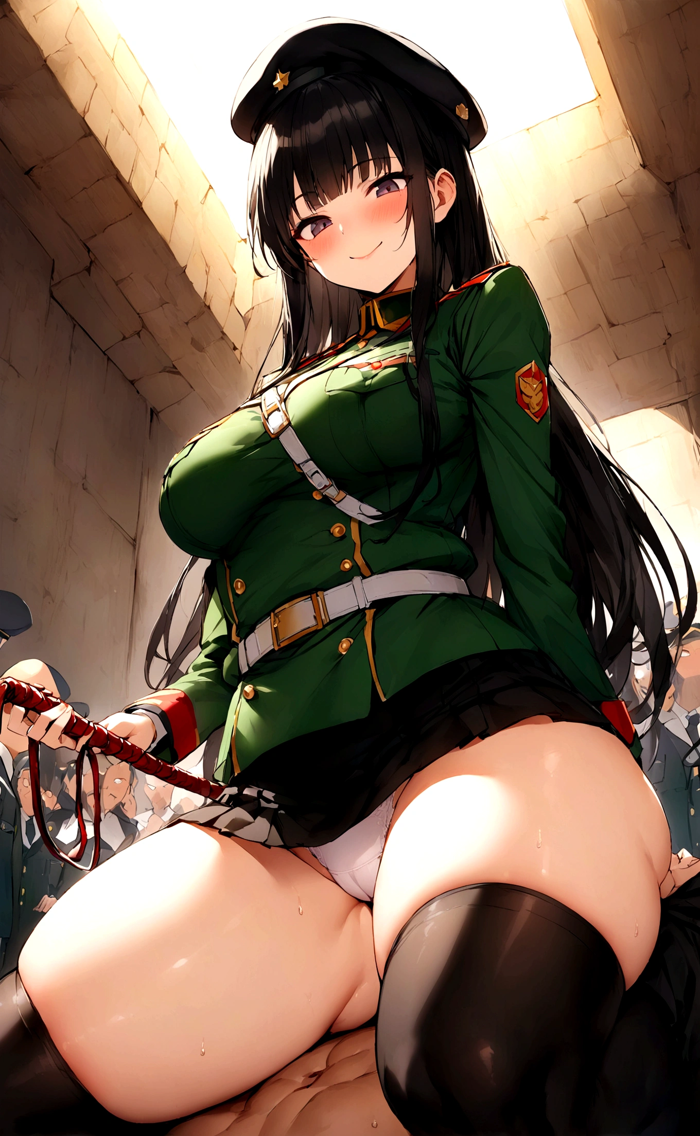 One Woman、A large number of people、Beauty、uniform、intimidating face、思い切り脚を広げてSitting on a man's face、military base、Female Officer、crowd、緑のuniform、Sitting on a man's face、Face sitting torture、beret、Tight Skirt、Military personnel、30 years old、Looking down at the viewer, long hair、Bangs, Highest quality, Focus on the thighs, smile,panties、Plump thighs、Big Ass、Big 、 Black Hair,My thighs are steaming between the legs 、ムレムレのKnee-high socks、Knee-high socks、Angle from directly below、Holding a whip、crowdを誘惑する、Acme convulsions、Obscene sound effects、Naughty sound effects