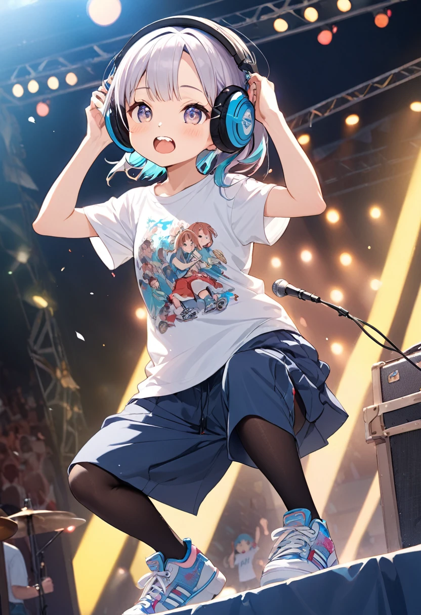 BREAK Perfect Anatomy、(High resolution:1.2)、Incredible illustrations、(Cute illustrations:1.2)、
（Beautiful background（park outdoor stage))
 1little girl(multicolored hair,crossed bangs)(upper teeth)
1girl((a girl, 1.5meters, 35kg,18 years old female, ((Headphones, T-shirt, culottes, tights, sneakers),tilting head(tilt your head and sing a song)
