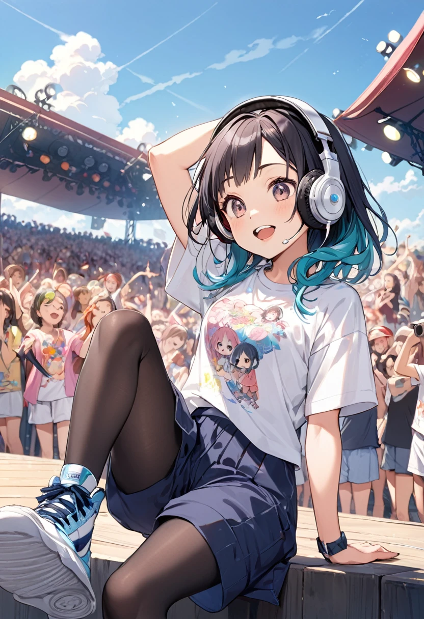 BREAK Perfect Anatomy、(High resolution:1.2)、Incredible illustrations、(Cute illustrations:1.2)、
(Beautiful background(park outdoor stage))
1little girl(multicolored hair,crossed bangs)(upper teeth)
1girl((a girl, 1.5meters, 35kg,18 years old female, ((Headphones, T-shirt, culottes, tights, sneakers),tilting head(tilt your head and sing a song)