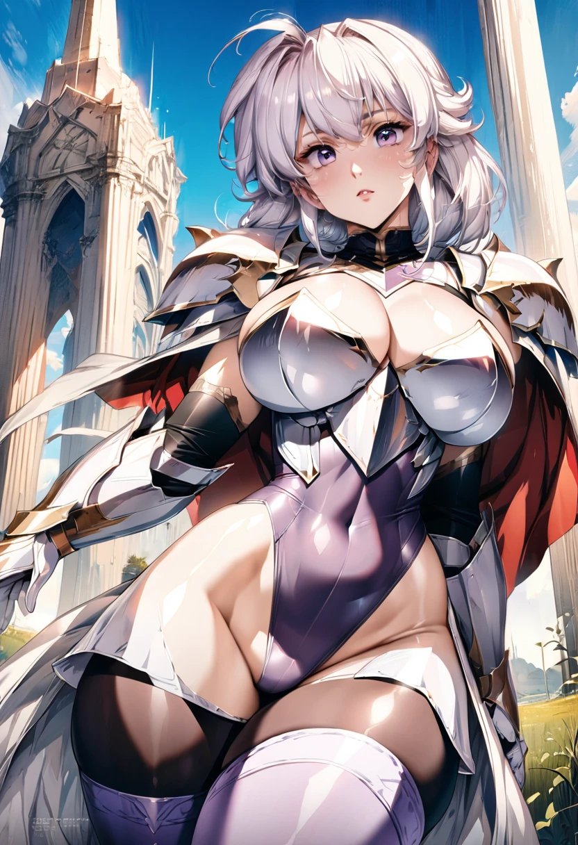 ((highest quality)), ((masterpiece)), ((hyperrealistic)), (detailed background), anime style, solo, shoot from below, 1girl, ((curvy: 1.2)), kawaii, paladin, ((Lamé racing light purple leotard)), ((catsuit leotard)), (paladin armor), (breastplate armored dress), cloak de cour, gauntlet, gloves, white hair, ahoge, (huge breasts), see-through cleavage cutout, (zettai ryouiki black thigh high socks), (black see-through pantyhose thighs), (See-through pantyhose groin area), beautiful eyes, perfect face, Perfect hands, perfect fingers, Blue sky and grassland,