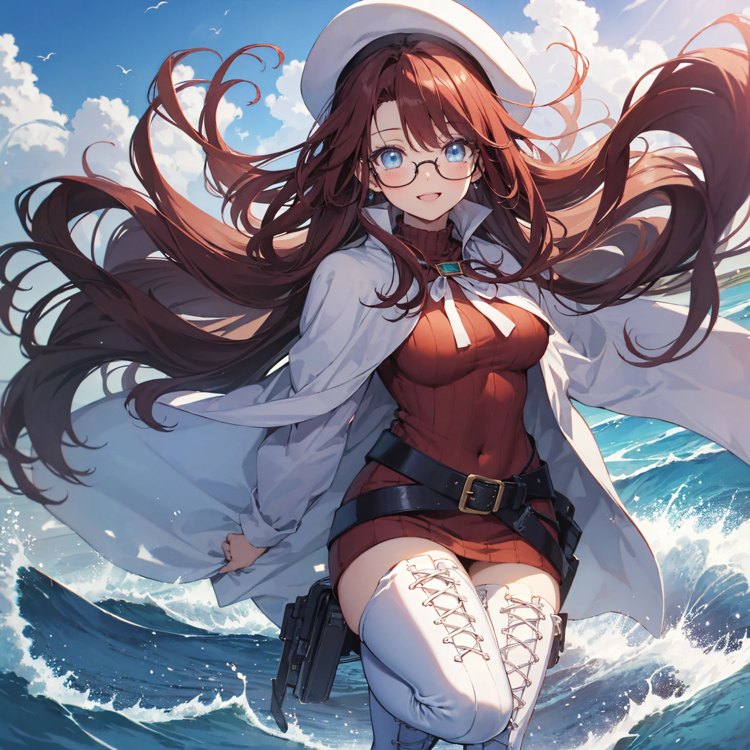 summonnightaty, aty, (young:1.3),long hair, blue eyes, red hair, big_tits, hat, glasses,
BREAK long hair, thighhighs, hat, dress, naked_legs, glasses, belt, cape, sweater, zettai ryouiki, beret, thigh boots, white footwear, ribbed sweater, loose belt,solo,
BREAK outdoors, fantasy,on_beach,
,Highquality_hads,perfect_fingers,
BREAK (masterpiece:1.2), best quality, high resolution, unity 8k wallpaper, (illustration:0.8), (beautiful detailed eyes:1.6), extremely detailed face, perfect lighting, extremely detailed CG, (perfect hands, perfect anatomy),covered_nipples,covered_navel ,half_eyes,long_sword,sleepy_eyes,red_sweater,apart_knees,magical_effect,spread_legs, have_a_book,teacher,rise_knee,Smile,rise_hand,look_down_viewer,spread_arms,sea​_waves,looking_into,blue_sky,plump,open_mouth, dynamic_posing,solo