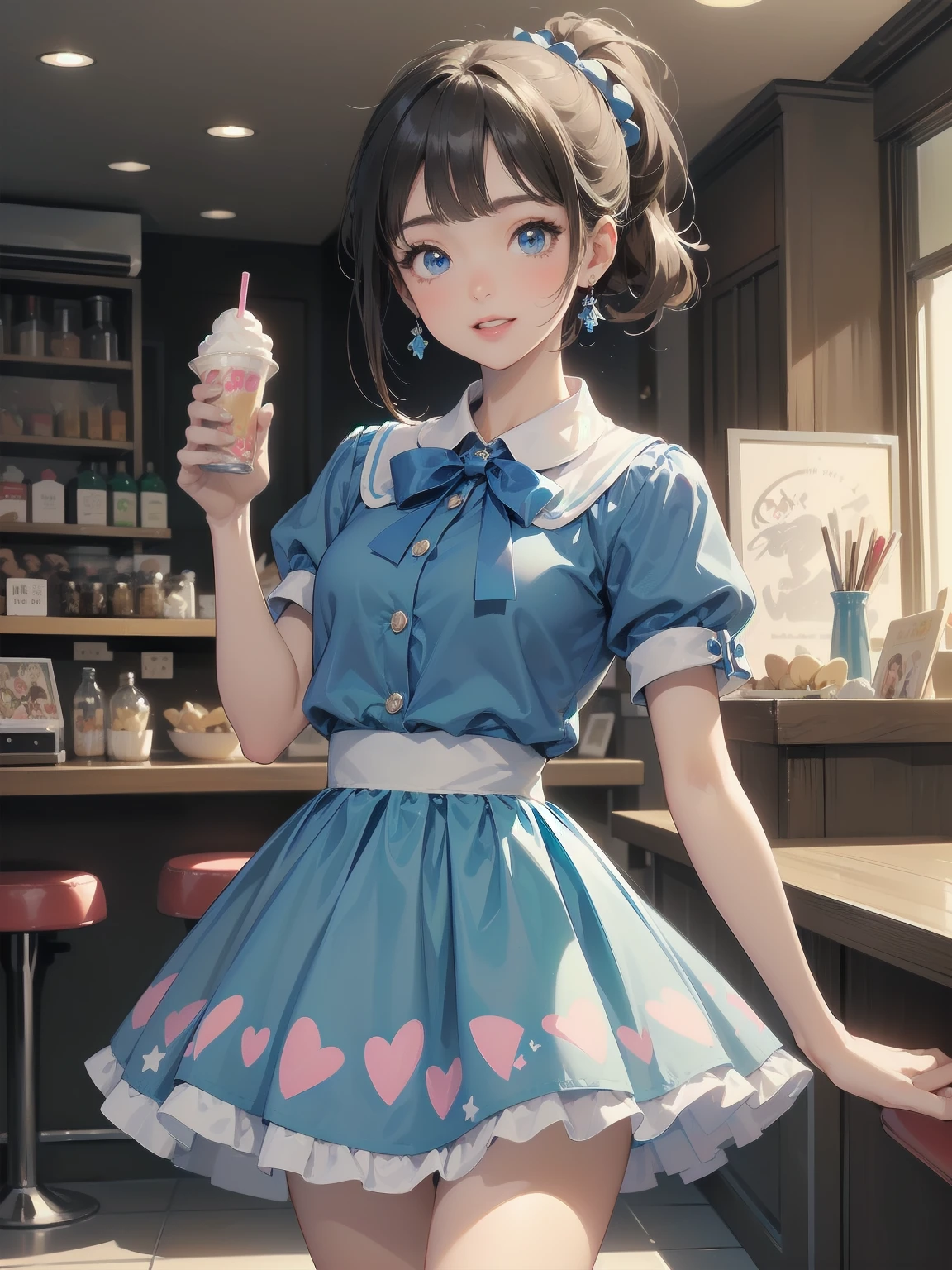 (masterpiece: 1.2)、(Highest quality: 1.2)、Highest resolution、Very detailed。BREAK. ((Anime girl in cute retro style uniform))、Transparent Girl、(1、Hilarious、 years old: 1.3)、Bright smile、Energetic pose、High ponytail、Shining Eyes、Small build、(Highest quality: 1.2)、Very high resolution、Very detailed。Expressive eyes、Beautifully detailed lips、High resolution detailed hair、Perfect Face、Rosy Cheeks、Moving Hands、Perfect lighting。BREAK. ((Polka dot retro style uniform))、((white blouse with peter pan collar、Blue polka dot skirt: 1.3))、Cat shaped button、Ankle socks、Saddle Shoes。BREAK. (1950s-style diner)、jukebox、Plaid floor、Milkshake、(Composition of cowboy shots: 1.2)。BREAK. ((positive: 1.3))。BREAK。Digital Animation Art、Retro anime style illustration