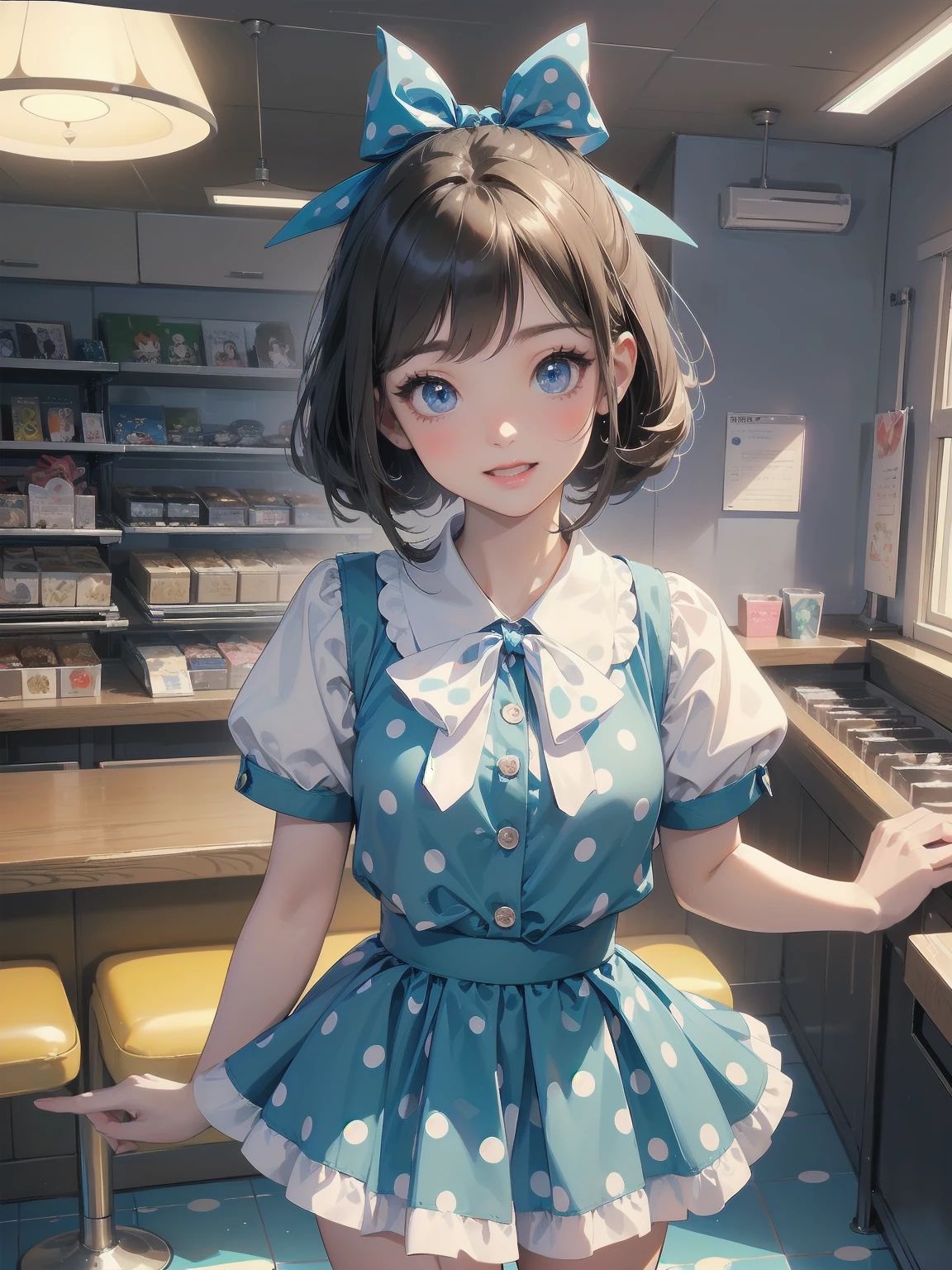 (masterpiece: 1.2)、(Highest quality: 1.2)、Highest resolution、Very detailed。BREAK. ((Anime girl in cute retro style uniform))、Transparent Girl、(1、Hilarious、 years old: 1.3)、Bright smile、Energetic pose、High ponytail、Shining Eyes、Small build、(Highest quality: 1.2)、Very high resolution、Very detailed。Expressive eyes、Beautifully detailed lips、High resolution detailed hair、Perfect Face、Rosy Cheeks、Moving Hands、Perfect lighting。BREAK. ((Polka dot retro style uniform))、((white blouse with peter pan collar、Blue polka dot skirt: 1.3))、Cat shaped button、Ankle socks、Saddle Shoes。BREAK. (1950s-style diner)、jukebox、Plaid floor、Milkshake、(Composition of cowboy shots: 1.2)。BREAK. ((positive: 1.3))。BREAK。Digital Animation Art、Retro anime style illustration