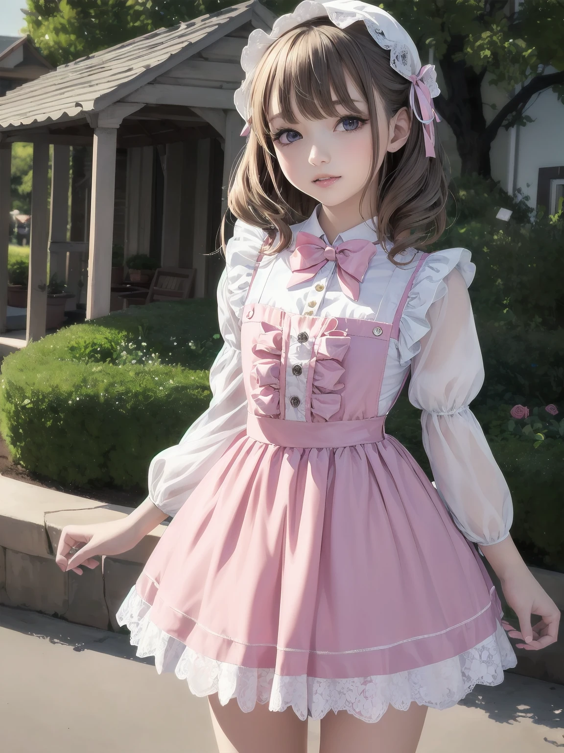 (Masterpiece: 1.2), (Best quality: 1.2), Superb resolution, Very detailed. BREAK. ((Anime girl in sweet lolita-inspired uniform)), clear girl, (1, Shy, 9 years old: 1.3), soft smile, demure pose, curly pastel hair, doe eyes, figure, (Top quality: 1.2), very high resolution, very detailed. Expressive eyes, beautifully detailed lips, high resolution detailed hair, perfect face, porcelain skin, delicate hands, perfect lighting. BREAK. ((Frilly lolita-style uniform with lace details)), ((Pink blouse with puff sleeves, white pinafore, rose patterns: 1.3)), knee-high socks with bows, platform shoes. BREAK. (School garden), flower beds, gazebo, fountain, soft sunlight, (cowboy shot composition: 1.2). BREAK. ((Positive: 1.3)). BREAK. Digital animation art, sweet lolita anime style illustration