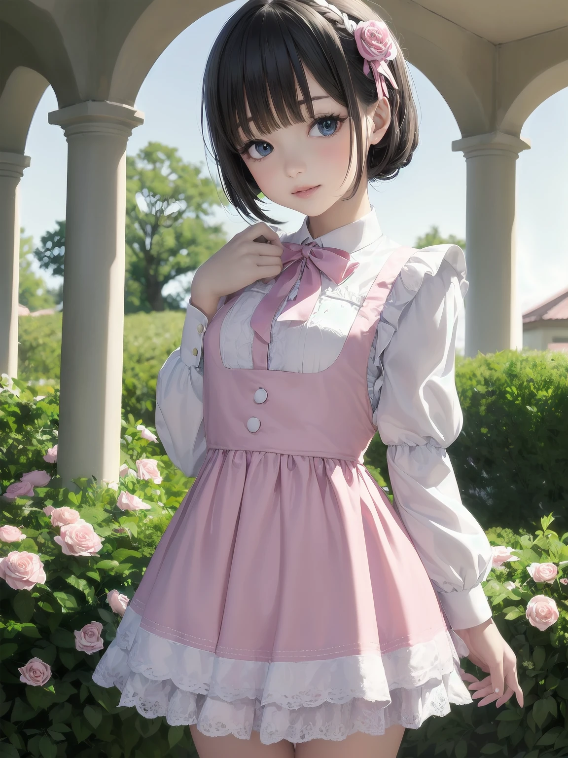 (Masterpiece: 1.2), (Best quality: 1.2), Superb resolution, Very detailed. BREAK. ((Anime girl in sweet ta-inspired uniform)), clear girl, (1, Shy, 9 ye3), soft smile, demure pose, curly pastel hair, doe eyes, figure, (Top quality: 1.2), very high resolution, very detailed. Expressive eyes, beautifully detailed lips, high resolution detailed hair, perfect face, porcelain skin, delicate hands, perfect lighting. BREAK. ((Frilly lolita-style unm with lace details)), ((Pink blouse with puff sleeves, white pinafore, rose patterns: 1.3)), knee-high socks with bows, platform shoes. BREAK. (School garden), flower beds, gazebo, fountain, soft sunlight, (cowboy shot composition: 1.2). BREAK. ((Positive: 1.3)). BREAK. Digital animation art, sweet lolita anime style stration