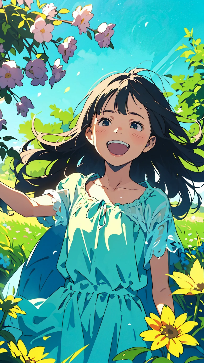 Reasonable design, Clear lines, High Sharpness, (Highest quality,8K,Perfect sharpness,Ultra fine,High resolution,masterpiece:1.2), Perfect Anatomy:1.5, Official Art, Illustrations that tell a story, (Whitish background:0. 9)、Body Positivity、多Mr.な身体表現、(Random and energetic poses)、Perfect beauty、Perfect beautiful face、Strong winds、A rich expression、Dynamic composition、smile、Golden ratio composition、colorful、((Mr.々Different angles and perspectives))、Anime Art、(Mini dress)、(Overcoming stereotypes)、 Glowing Skin、(Natural beauty)、smile、Bangs、(Soft and flowing hair)、(countryside)、(Nostalgic atmosphere)、Put it up to your thighs、(Playful and carefree)、(多Mr.な民族のキャラクター)、(innocent attitude)、(Sunny atmosphere)、(The skirt flutters wildly in the wind)、(Bright colors)、Beautiful Eyes、(Embarrassing)、Braided Hair、Summer Scene、Smiling among flowers、Side angle、