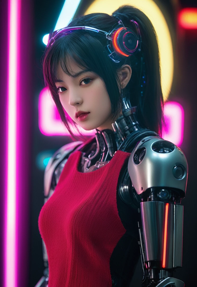 xxmixgirl. Highly detailed professional 35mm film, bokeh, face in sharp focus. A robotic female, Miku, with ((metal skin)), ((perfect Asian eyes)) with magenta irises and ((black pupils)), beautiful serious (detailed face), 18 year old ((photorealistic face)), very long magenta twin tails of magenta hair, twin black hair ties with a single red stripe. She may have a black audio headpiece. We can see her ((full body)) down to her boot soles. Her outfit is a sleeveless collared light grey shirt, outlined in red around the frilled collar and hems. Shiny reflective ((metallic breast cups, dimpleless)), invisible nipples. She wears black sleeves with red hems that start around her upper arm and bellow out as the sleeves open and extend to her wrists, with wide trumpet red rimmed cuffs. She has perfect robotic (detailed hands). She wears a red colored tie with two horizontal solid parallel black lines halfway across. She wears a fabric black skirt with a horizontal red hem at the bottom all the way around; her (((black skirt wraps around her))) and ((her skirt completely covers)) her robotic waist and thighs. Tall black boots with red bottom soles, a red rim around the top at her thighs. Her mechanical shoulder joints are visible. We can see her robotic legs and robotic neck. Half of her is covered with shiny polished machinery. The background is a distant dark neon futuristic Japanese city, gold, cyan, violet neon, near harbor or mountains.