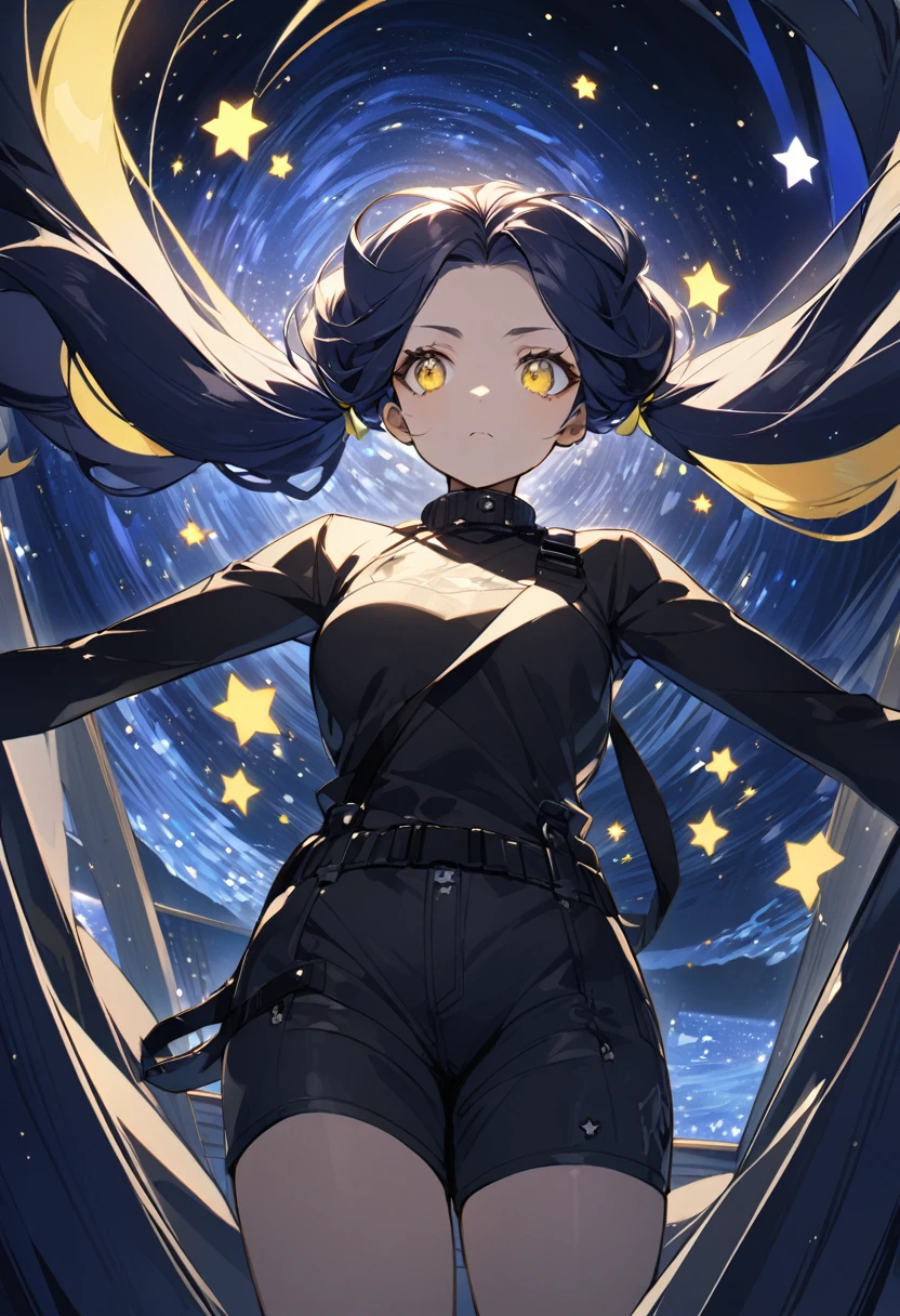 (One person,Very tall woman,Dark navy blue hair,Her hairstyle is twin tails that expose her forehead.,Medium chest,yellow eyes,Sharp Eye,Black Techwear,Shorts,Dynamic Angle,The background is a starry night)