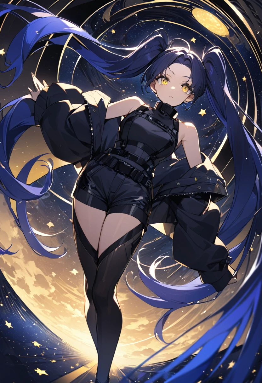 Anime style better quality possible, rocker girl, angelic innocent face, gothic style, multicolored hair, black lips, earings, arms tattoed, legs tattoed, black jaquet, black lingerie, medium perfect breasts, black bodysuit, perfect body, black shorts, black boots she sits in stone chair in cemetery, night, moon, tree with owl,