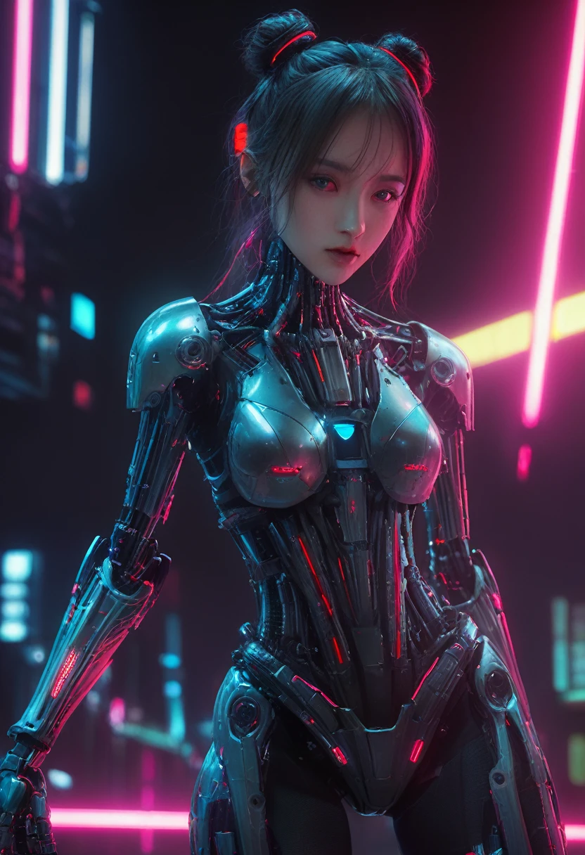 xxmixgirl. Highly detailed professional 35mm film, bokeh, face in sharp focus. A robotic female, Miku, with ((metal skin)), ((perfect Asian eyes)) with magenta irises and ((black pupils)), beautiful serious (detailed face), 18 year old ((photorealistic face)), very long magenta twin tails of magenta hair, twin black hair ties with a single red stripe. She may have a black audio headpiece. We can see her ((full body)) down to her boot soles. Her outfit is a sleeveless collared light grey shirt, outlined in red around the frilled collar and hems. Shiny reflective ((metallic breast cups, dimpleless)), invisible nipples. She wears black sleeves with red hems that start around her upper arm and bellow out as the sleeves open and extend to her wrists, with wide trumpet red rimmed cuffs. She has perfect robotic (detailed hands). She wears a red colored tie with two horizontal solid parallel black lines halfway across. She wears a fabric black skirt with a horizontal red hem at the bottom all the way around; her (((black skirt wraps around her))) and ((her skirt completely covers)) her robotic waist and thighs. Tall black boots with red bottom soles, a red rim around the top at her thighs. Her mechanical shoulder joints are visible. We can see her robotic legs and robotic neck. Half of her is covered with shiny polished machinery. The background is a distant dark neon futuristic Japanese city, gold, cyan, violet neon, near harbor or mountains.
