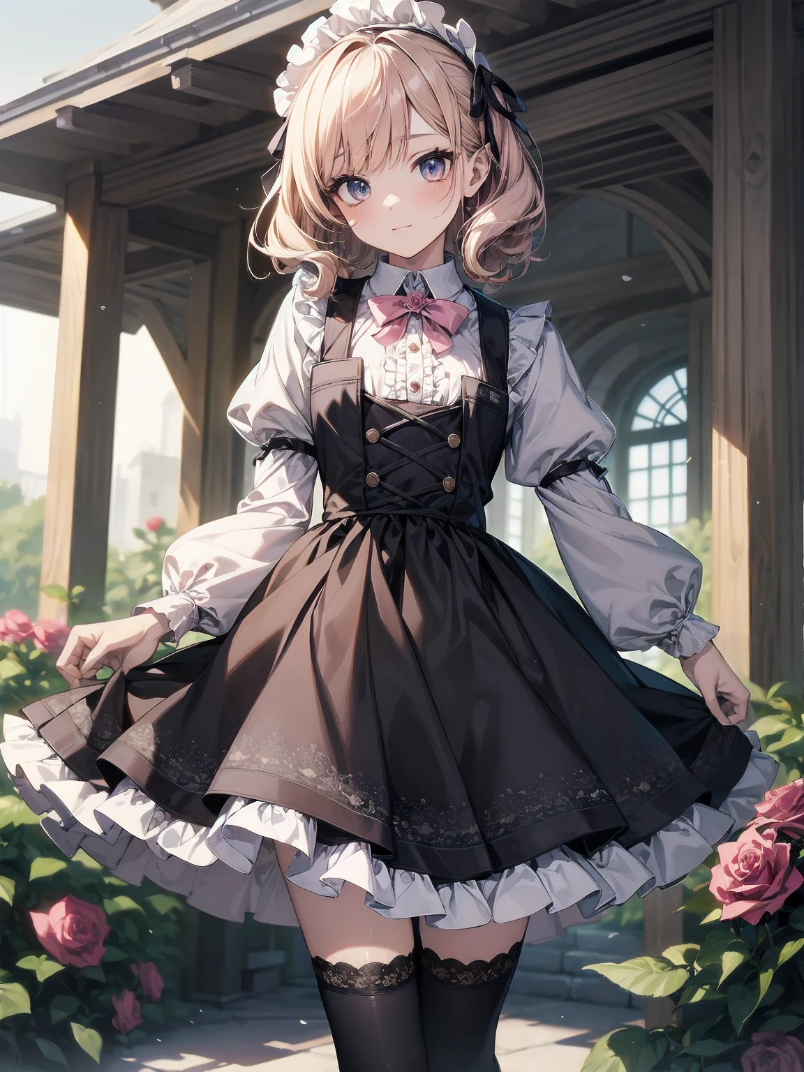 (Masterpiece: 1.2), (Best quality: 1.2), Superb resolution, Very detailed. BREAK. ((Anime girl in sweet lolita-inspired uniform)), clear girl, (1, Shy, 9 years old: 1.3), soft smile, demure pose, curly pastel hair, doe eyes, figure, (Top quality: 1.2), very high resolution, very detailed. Expressive eyes, beautifully detailed lips, high resolution detailed hair, perfect face, porcelain skin, delicate hands, perfect lighting. BREAK. ((Frilly lolita-style uniform with lace details)), ((Pink blouse with puff sleeves, white pinafore, rose patterns: 1.3)), knee-high socks with bows, platform shoes. BREAK. (School garden), flower beds, gazebo, fountain, soft sunlight, (cowboy shot composition: 1.2). BREAK. ((Positive: 1.3)). BREAK. Digital animation art, sweet lolita anime style illustration
