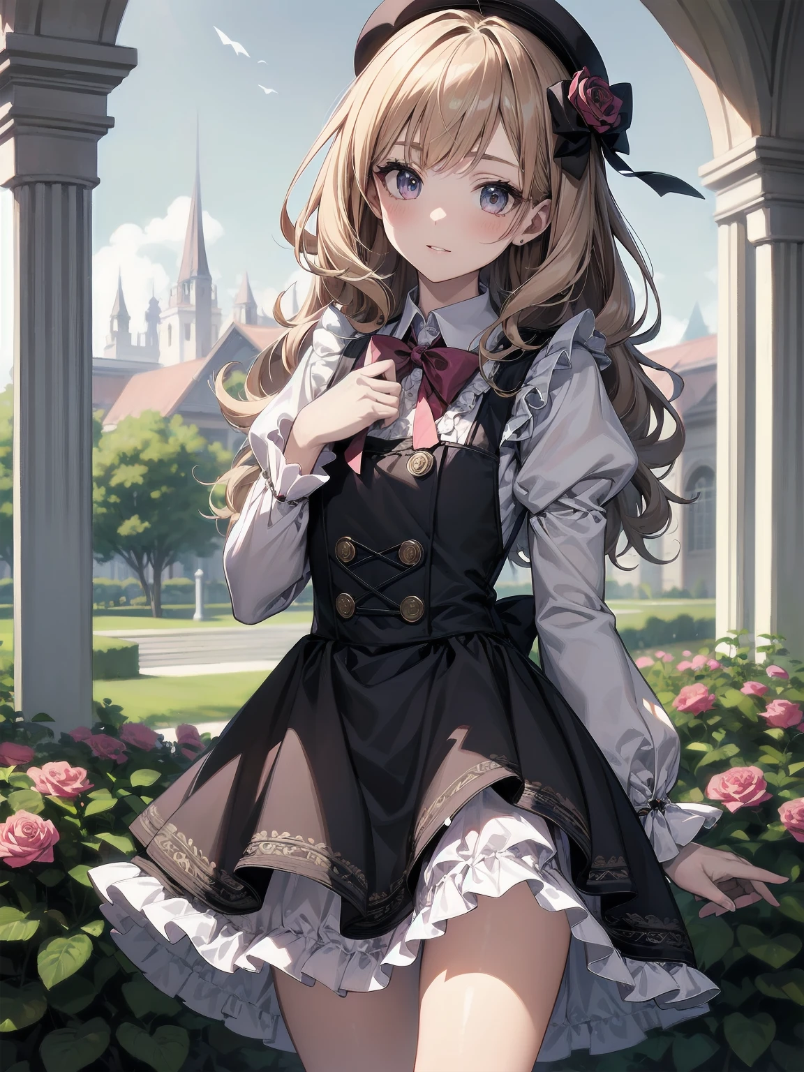 (Masterpiece: 1.2), (Best quality: 1.2), Superb resolution, Very detailed. BREAK. ((Anime girl in sweet lolita-inspired uniform)), clear girl, (1, Shy, 9 : 1.3), soft smile, demure pose, curly pastel hair, doe eyes,  figure, (Top quality: 1.2), very high resolution, very detailed. Expressive eyes, beautifully detailed lips, high resolution detailed hair, perfect face, porcelain skin, delicate hands, perfect lighting. BREAK. ((Frilly lolita-style uniform with lace details)), ((Pink blouse with puff sleeves, white pinafore, rose patterns: 1.3)), knee-high socks with bows, platform shoes. BREAK. (School garden), flower beds, gazebo, fountain, soft sunlight, (cowboy shot composition: 1.2). BREAK. ((Positive: 1.3)). BREAK. Digital animation art, sweet lolita anime style illustration