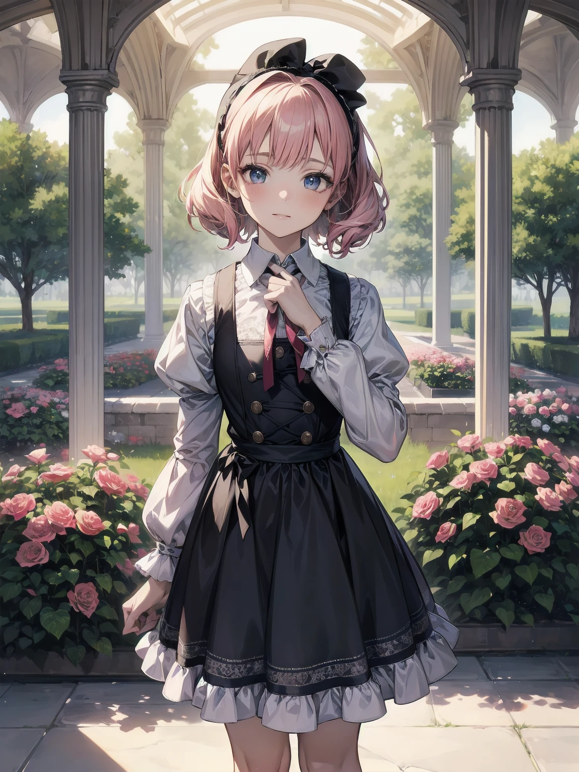 (Masterpiece: 1.2), (Best quality: 1.2), Superb resolution, Very detailed. BREAK. ((Anime girl in sweet lolita-inspired uniform)), clear girl, (1, Shy, 9 years old: 1.3), soft smile, demure pose, curly pastel hair, doe eyes, figure, (Top quality: 1.2), very high resolution, very detailed. Expressive eyes, beautifully detailed lips, high resolution detailed hair, perfect face, porcelain skin, delicate hands, perfect lighting. BREAK. ((Frilly lolita-style uniform with lace details)), ((Pink blouse with puff sleeves, white pinafore, rose patterns: 1.3)), knee-high socks with bows, platform shoes. BREAK. (School garden), flower beds, gazebo, fountain, soft sunlight, (cowboy shot composition: 1.2). BREAK. ((Positive: 1.3)). BREAK. Digital animation art, sweet lolita anime style illustration