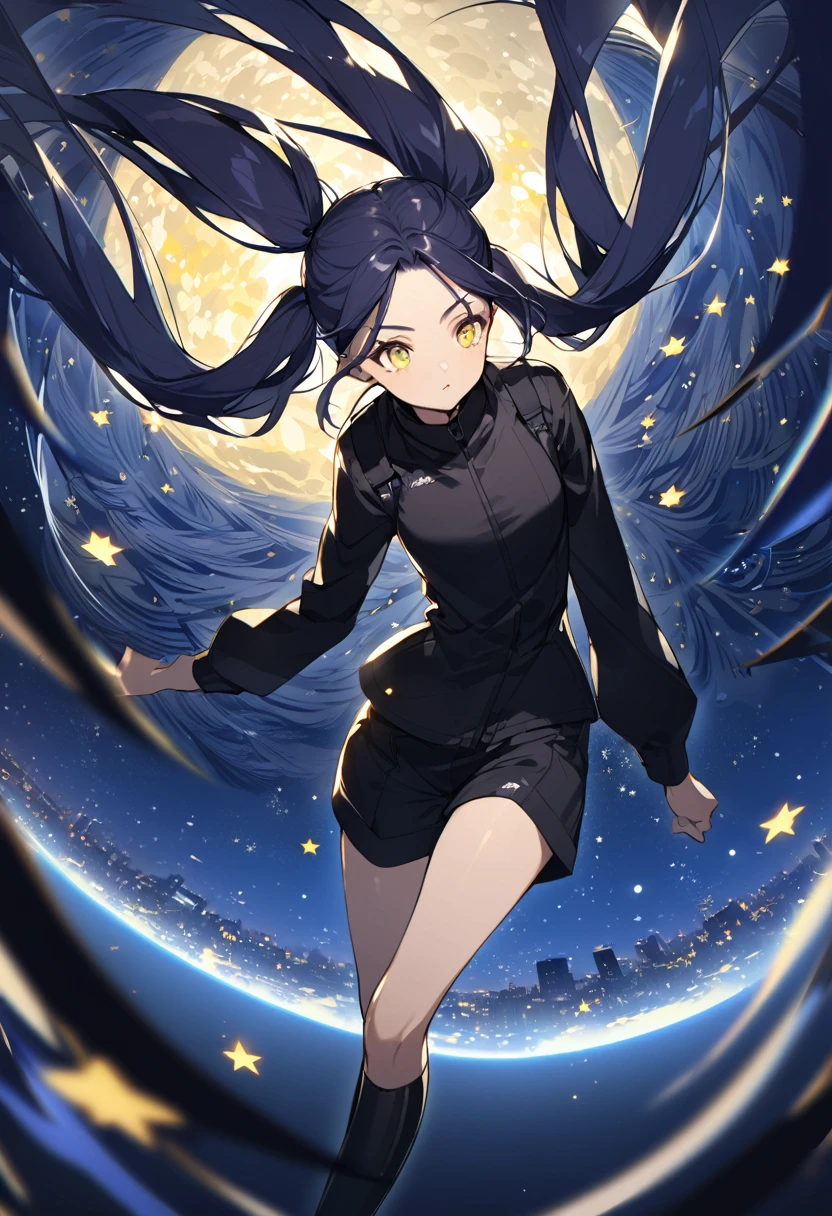 (One person,Very tall woman,Dark navy blue hair,Her hairstyle is twin tails that expose her forehead.,Medium chest,yellow eyes,Sharp Eye,Black Techwear,Shorts,Dynamic Angle,The background is a starry night)