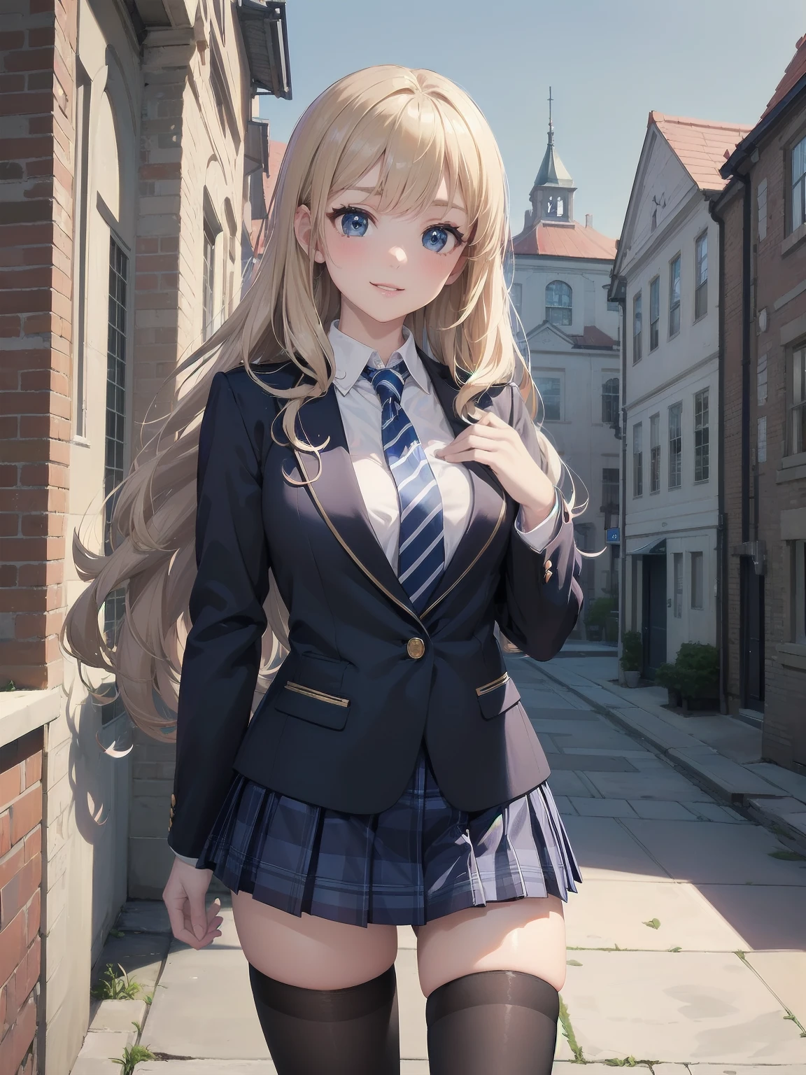(Masterpiece: 1.2), (top quality: 1.2), highest resolution, very detailed. Blake. ((anime girl in preppy uniform)), transparent girl, (1, confident, 17: 1.3), charismatic smile, poised posture, wavy shoulder length hair, bright eyes, slender figure, (best quality: 1.2), very high resolution, very detailed. Expressive eyes, beautifully detailed lips, high resolution detailed hair, perfect face, clear skin, manicured hands, perfect lighting. Blake. ((preppy uniform with school emblem)), ((navy blazer, white shirt, striped tie, plaid skirt: 1.3)), knee high socks, oxford shoes. Blake. (school courtyard)), grand entrance, clock tower, students in background, (cowboy shot framing: 1.2)). Blake. ((positive: 1.3)). Blake. Digital animation art, preppy animation style illustration.