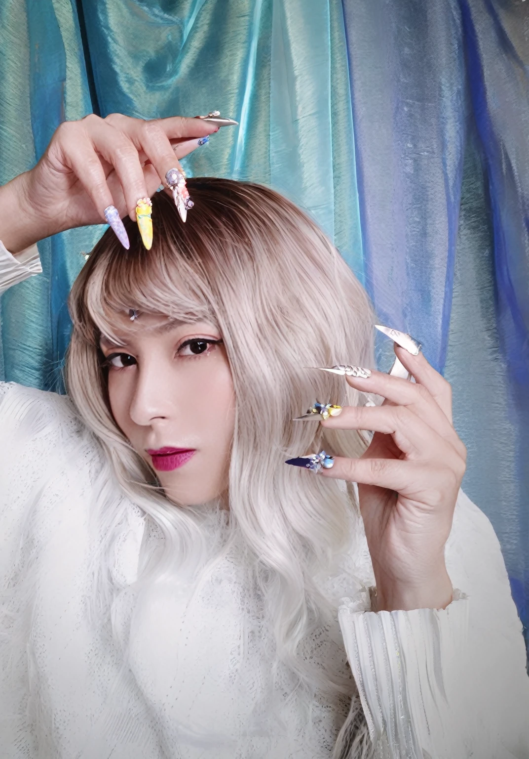 blond woman with long white hair and colorful nails holding a pair of scissors, long claws, with the index finger, with long white hair, with long white hair, long nails, long nails, with claws, with the fingers, two white tails_gloves, shining claws, claws are up, japanese gyaru portrait, claws, painted nails, long fingers, change the background  