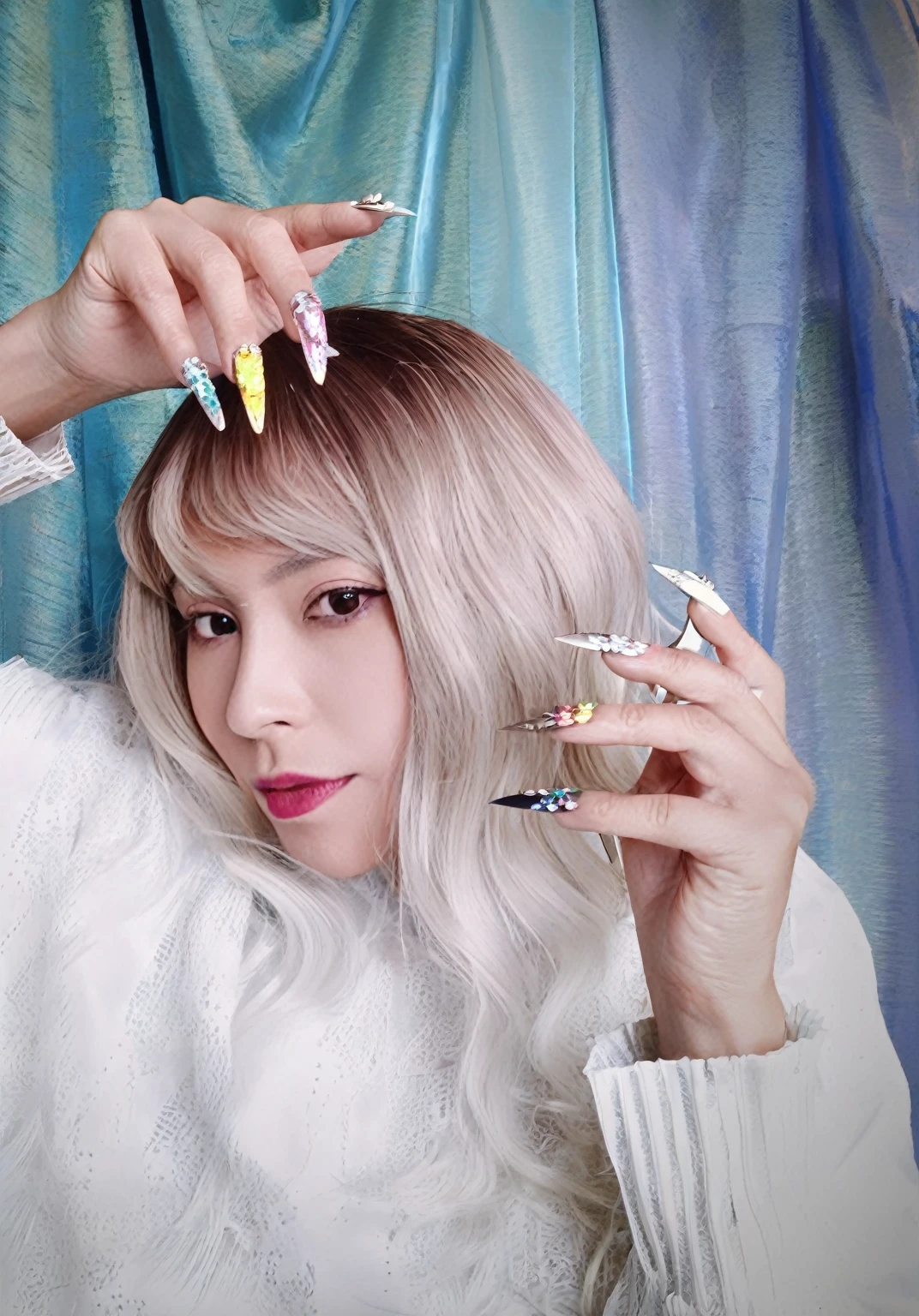 blond woman with long white hair and colorful nails holding a pair of scissors, long claws, with the index finger, with long white hair, with long white hair, long nails, long nails, with claws, with the fingers, two white tails_gloves, shining claws, claws are up, japanese gyaru portrait, claws, painted nails, long fingers, change the background  