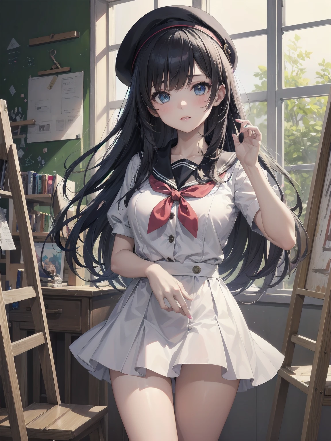 (Masterpiece: 1.2), (Best quality: 1.2), Superb resolution, Very detailed. BREAK. ((Anime girl in artistic school uniform)), clear girl, (1, Creative, 16 years old: 1.3), dreamy expression, artistic pose, multicolored hair, unique eyes, slender figure, (Top quality: 1.2), very high resolution, very detailed. Expressive eyes, beautifully detailed lips, high resolution detailed hair, perfect face, smooth skin, paint-stained fingers, perfect lighting. BREAK. ((Artistic uniform with paint splatter design)), ((White smock, colorful paint-splattered skirt: 1.3)), palette-shaped buttons, beret. BREAK. (Art classroom), easels, paintings, art supplies, large windows, (cowboy shot view: 1.2). BREAK. ((Positive: 1.3)). BREAK. Digital animation art, artistic anime style illustration