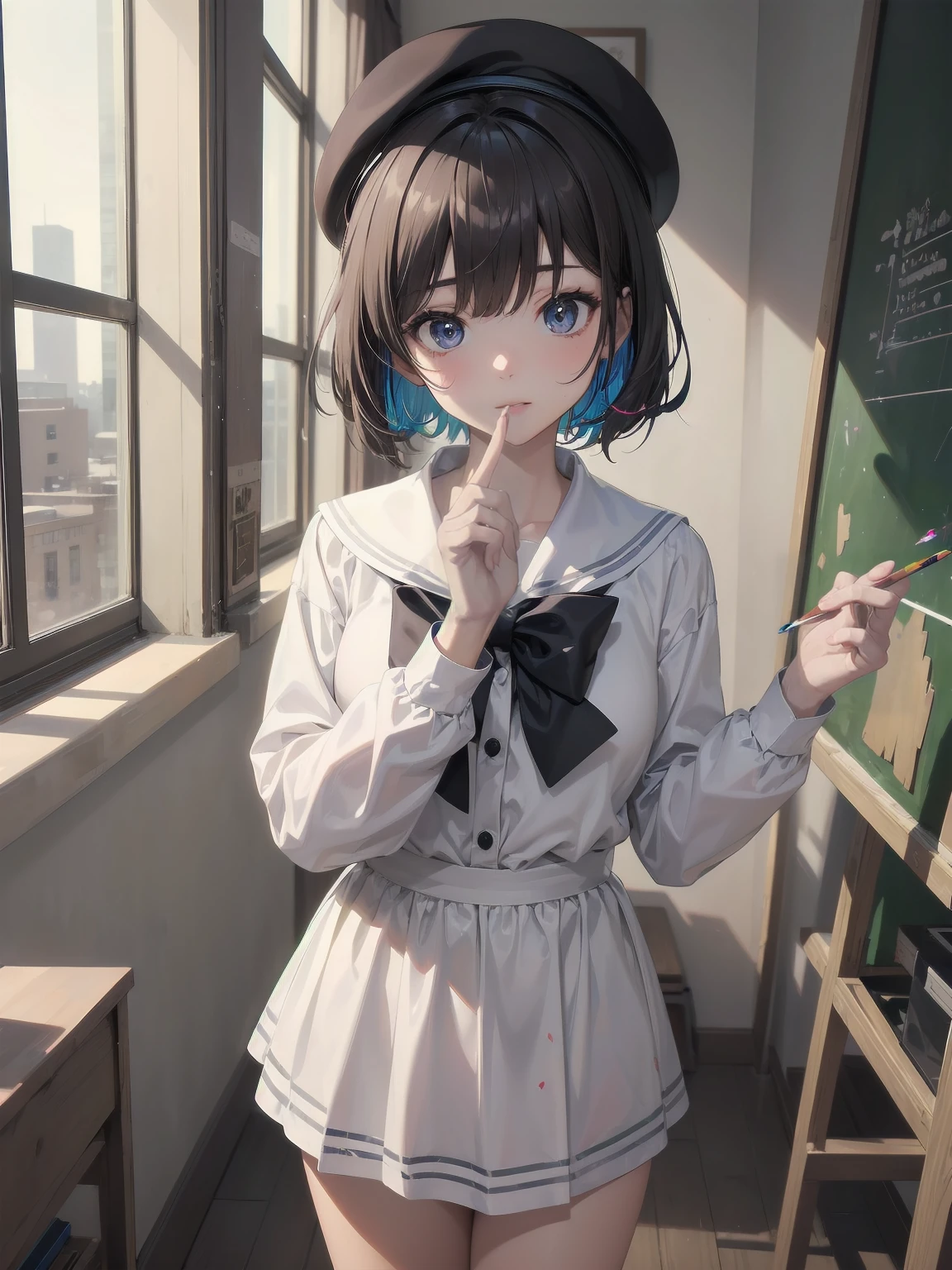 (Masterpiece: 1.2), (Best quality: 1.2), Superb resolution, Very detailed. BREAK. ((Anime girl in artistic school uniform)), clear girl, (1, Creative, : 1.3), dreamy expression, artistic pose, multicolored hair, unique eyes, slender figure, (Top quality: 1.2), very high resolution, very detailed. Expressive eyes, beautifully detailed lips, high resolution detailed hair, perfect face, smooth skin, paint-stained fingers, perfect lighting. BREAK. ((Artistic uniform with paint splatter design)), ((White smock, colorful paint-splattered skirt: 1.3)), palette-shaped buttons, beret. BREAK. (Art classroom), easels, paintings, art supplies, large windows, (cowboy shot view: 1.2). BREAK. ((Positive: 1.3)). BREAK. Digital animation art, artistic anime style illustration