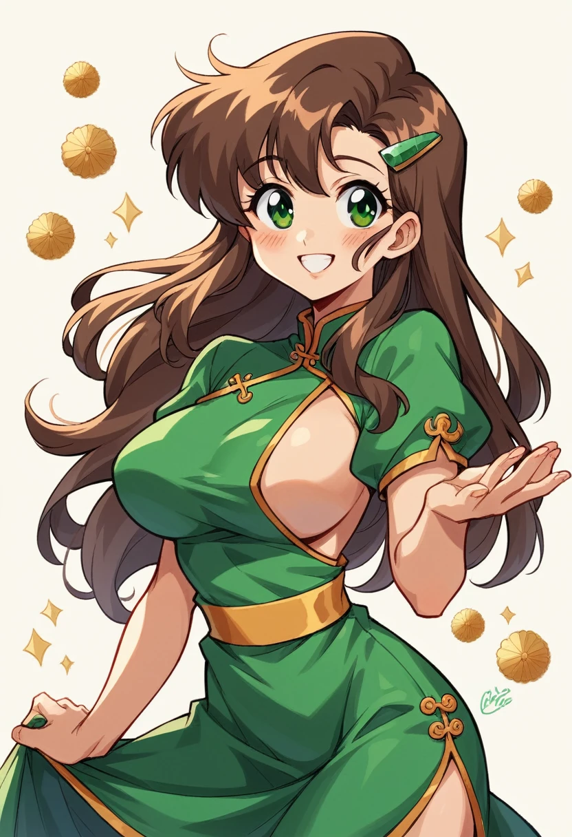 1980s, Retro,pc80,NSFW,Gold and green cheongsam with slits,One Woman, 27 years old, 28 years old, whole body,Full Art,Big Breasts,blush,smile,fine,Cute Liane, Chignon Cap,Chinese Taste,Brown Hair,Long Hair,Green eyes,Jade hairpin,Skirt flipped up by the wind,Character portrait,pin up