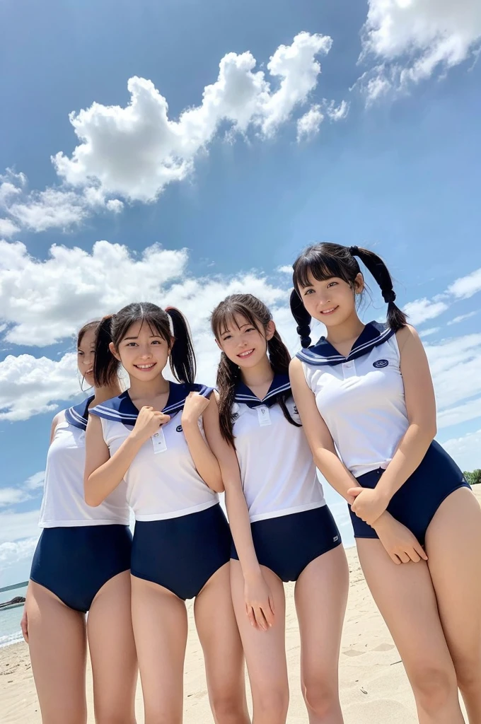 {2 | 3 | 4} girls standing in rural school beach,cumulonimbus cloud in summer sky,navy blue school swimsuit with white trim,sailor shirt over,18-year-old,bangs,a little smile,thighs,knees,black short hair with low pigtails bunches,from below,front light