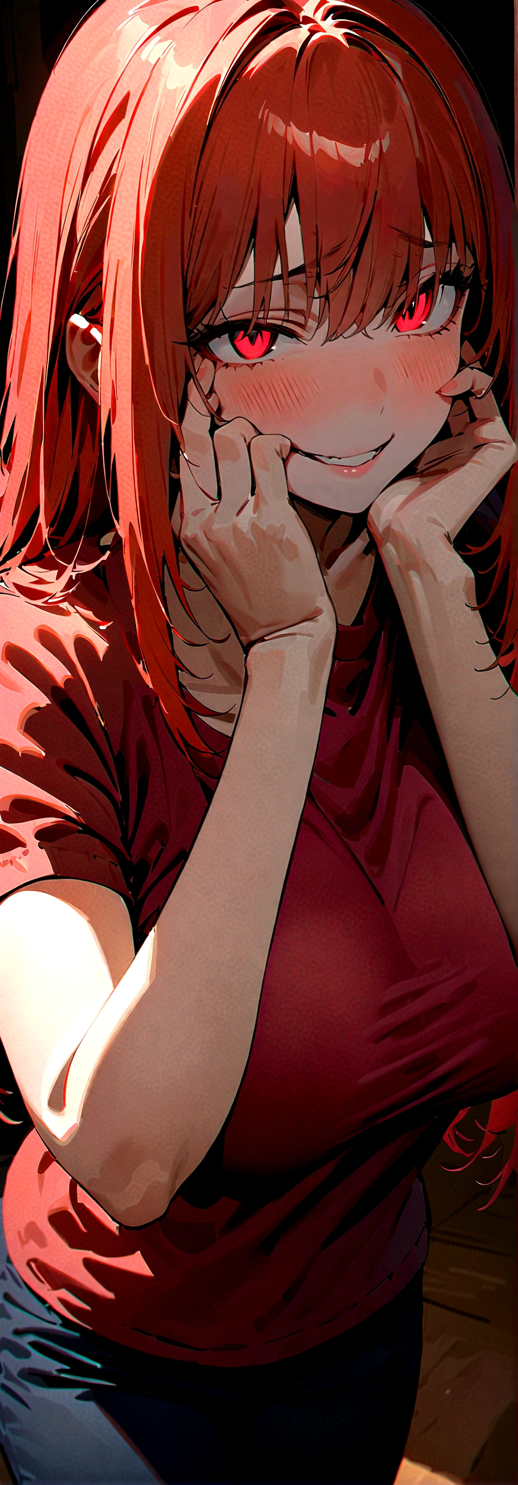 (Masterpiece:1.2, Best Quality), 1 woman posing with her hands on her face, whole body, T-shirt, Casual, big breasts,long red hair, minimal makeup,pale,Natural fabrics, closeup face, evil smile, bright red eyes circular pupils,8K high resolution, detailed lines, ((whole body))