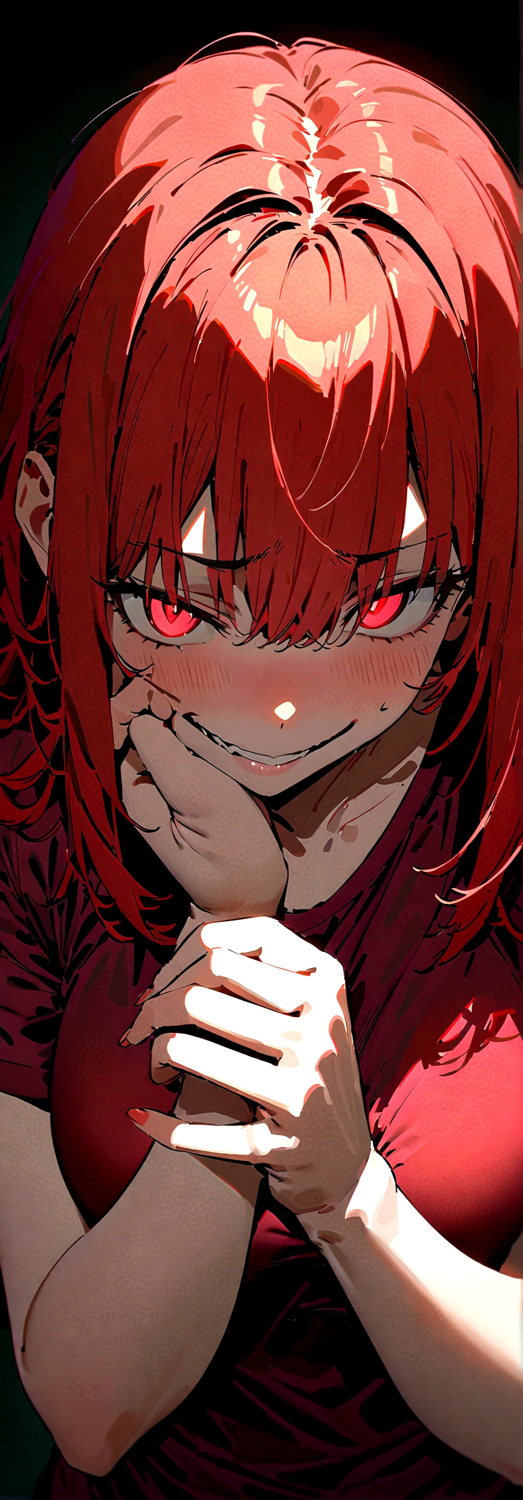 (Masterpiece:1.2, Best Quality), 1 woman posing with her hands on her face, whole body, T-shirt, Casual, big breasts,long red hair, minimal makeup,pale,Natural fabrics, closeup face, evil smile, bright red eyes circular pupils,8K high resolution, detailed lines, ((whole body))