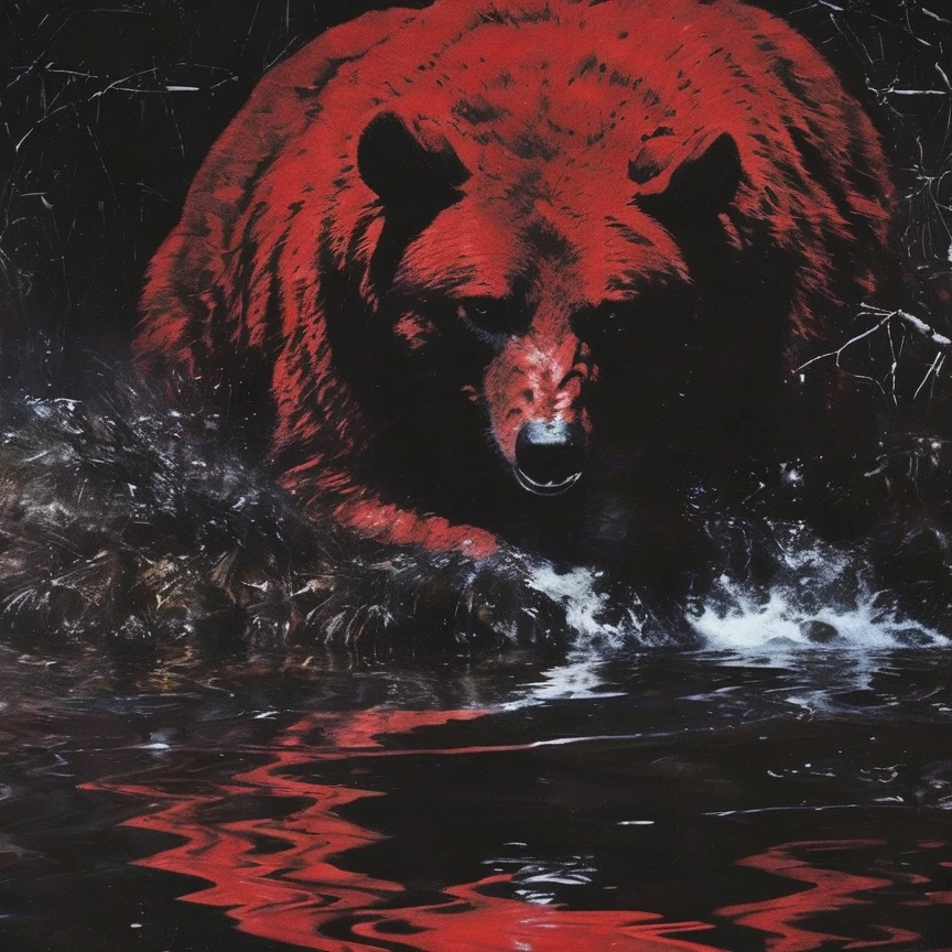 giant horror bear in water, red winter forest background