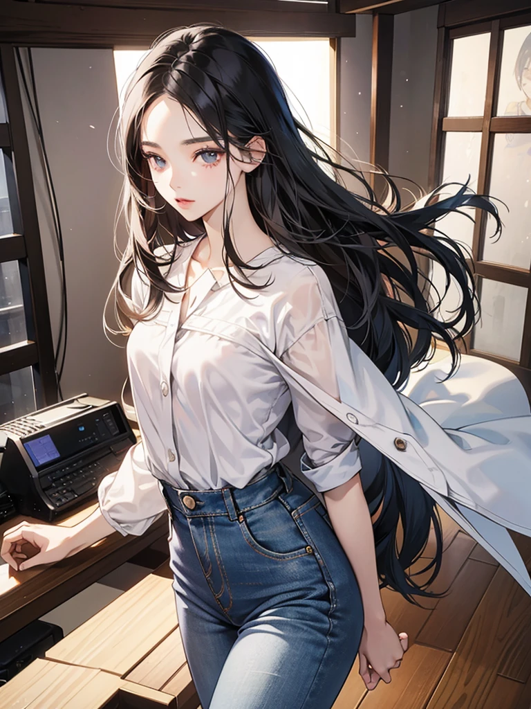 In manhwa art style, a young adult Korean woman 29s. Her hair is long and black color. Her face is oval than it is long, which carry a warm , expressive face. Her skin is radiant and clear, and her thin lips is pink. Small grey color eyes are captivating and misterios. She is wearing a jeans and white buttoned blouse while inside his photographic studio