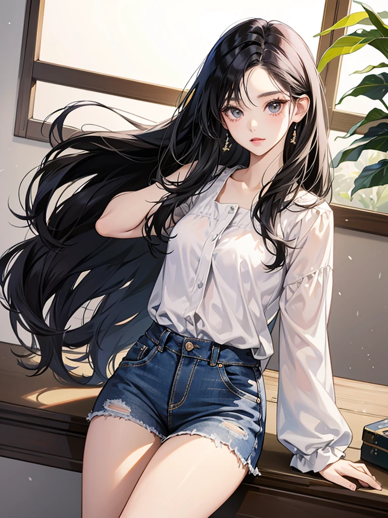 In manhwa art style, a young adult Korean woman 29s. Her hair is long and black color. Her face is oval than it is long, which carry a warm , expressive face. Her skin is radiant and clear, and her thin lips is pink. Small grey color eyes are captivating and misterios. She is wearing a jeans and white buttoned blouse while inside his photographic studio