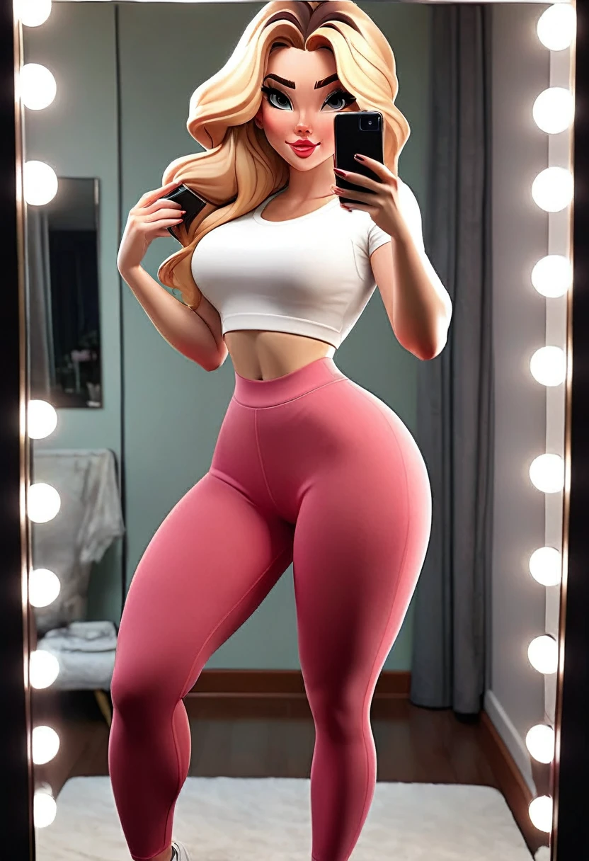 Big ass white girl, big legs, small waist, with dark pink leggings, taking full body selfie in the mirror