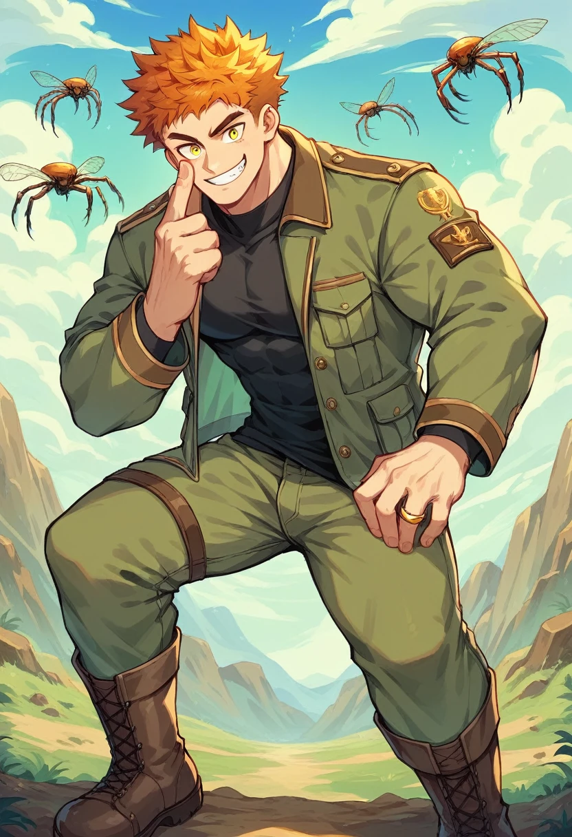 NSFW,Muscular man(defined body, Gold rings on every finger, Light blue gangster jacket, Black shirt under the jacket, Green long army pants, Brown military boots, Wicked Smile, Orange spiky hair, Messy Hair, short hair, Yellow Eyes),Big Mountain々Desert landscape with clouds, Scenery with monsters around,penis,sex,female Monster,penis in pussy,pussy juice,creampie,Insect-like creature(Compound eyes,Praying Mantis),A pair of men and a non-human woman