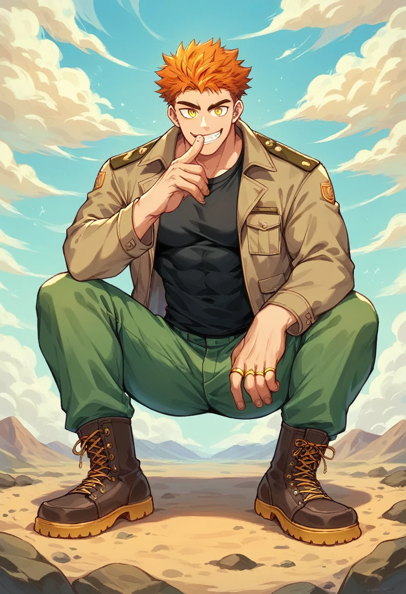 NSFW,Muscular man(defined body, Gold rings on every finger, Light blue gangster jacket, Black shirt under the jacket, Green long army pants, Brown military boots, Wicked Smile, Orange spiky hair, Messy Hair, short hair, Yellow Eyes),Big Mountain々Desert landscape with clouds, Scenery with monsters around,penis,sex,female Monster,penis in pussy,pussy juice,creampie,Insect-like creature(Compound eyes,Praying Mantis)