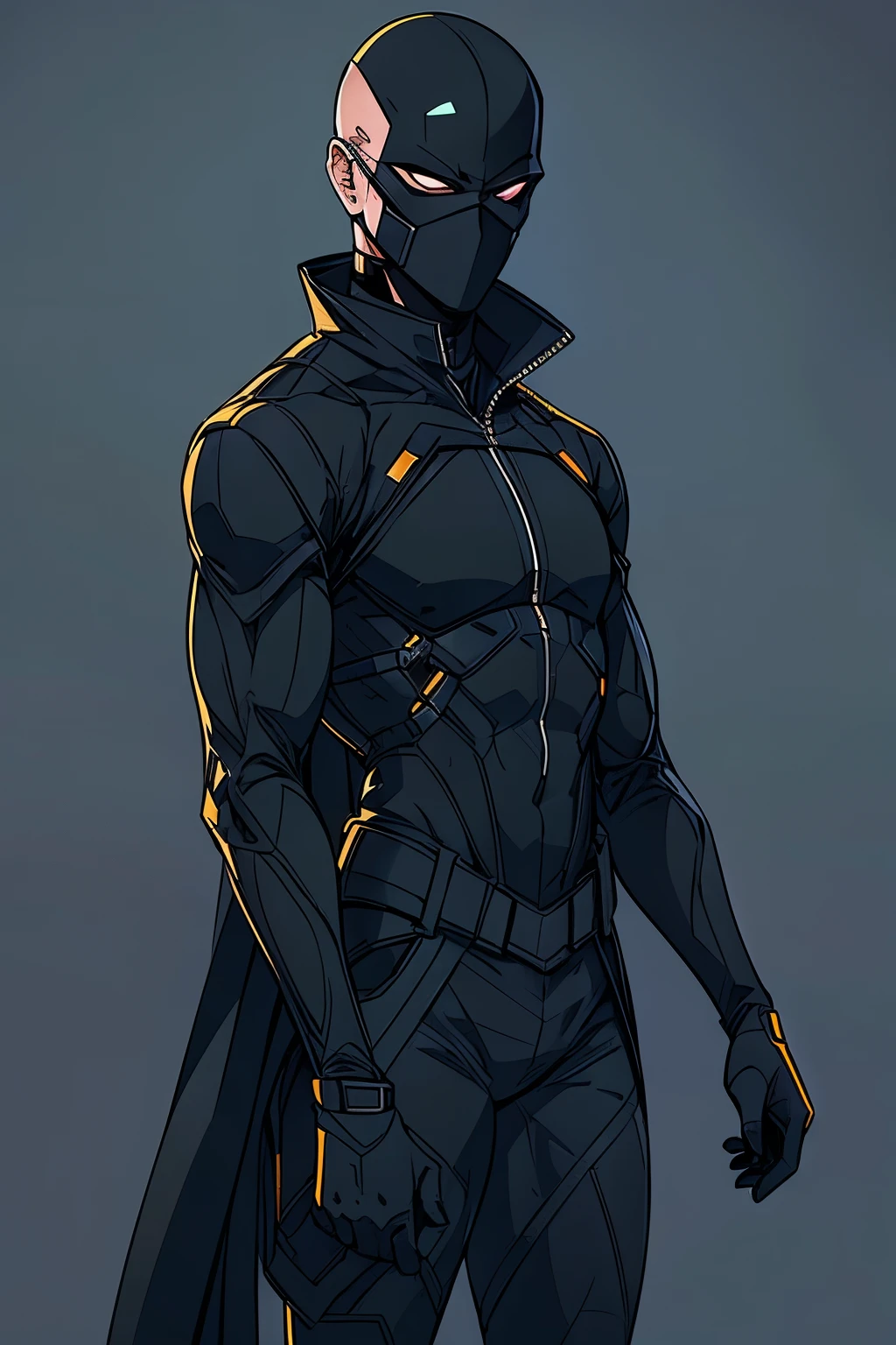 generate a guy in a futuristic hitman costume, he has a bald headed mask that covers his whole face leaving his mouth and eyes showing only, simple all black clothing, his suit has trailed lines of glowing light around it, he has a utility gear, comic style anime bold lines