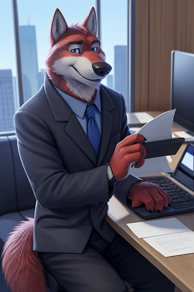 Ivan Fedorovich Wolfbach (Novosibirsk) ,Tall, handsome man, wolf,young, 24 years, brown fur,Kind,(red body:1.3),beautiful blue eyes,Novosibirsk,dressed, black jacket awards on jacket, shirt, Red tie, trousers, wolf, detailed fur, man ,paw pads, finger claws,per viewer, 5 fingers, paws, 5 fingers, smile, wrist watch, nextel, by xenoforge, (complex, high detail, digital photography, soft focus, RAW variety viewer, Very close to the camera) , variety, Novosibirsk, smile, good mood, positive, Very close to the camera, GOVERNOR, is sitting, at the computer, is sitting за компьютерным столом,cabinet, GOVERNORа, writes documents, to the city, GOVERNOR Novosibirskа, Journalists,
Photorealism, realism, digital style, Subsurface scattering, I look at the viewer, is sitting пишет книгу конферетный стол, handle, paper,
masterpiece, Best quality, ultra realistic, 8 thousand.)