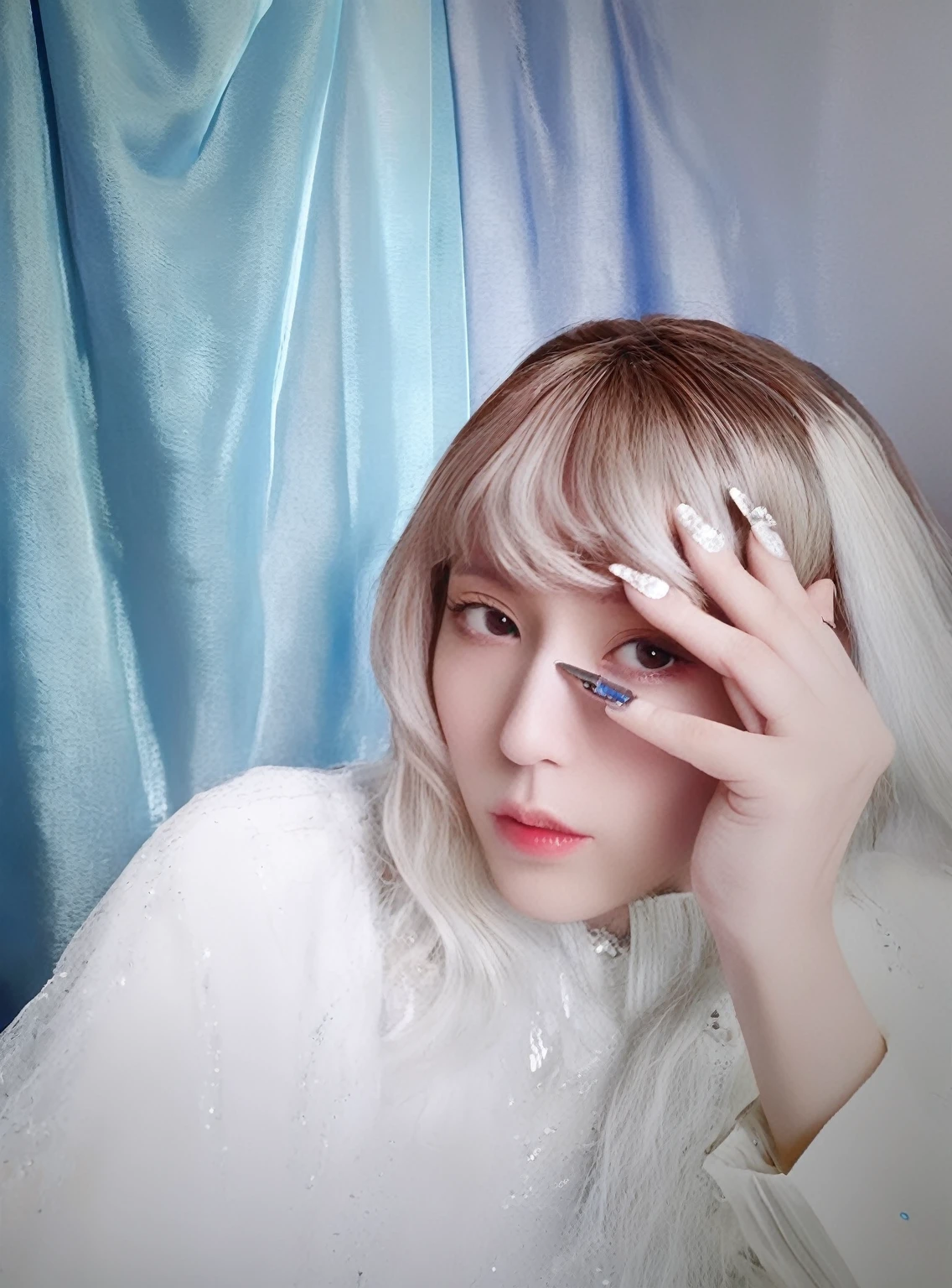 Blonde woman with white hair and blue eyes holding a cell phone., with long white hair, with long white hair, inspired by Claude Cahun, silver hair girl, white bangs, captured on canon eos r 6, inspired by Tadanori Yokoo, japanese gyaru portrait, beautiful dolphin, with the index finger, portrait of a woman as real