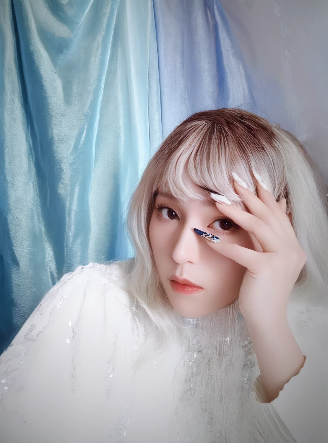 Blonde woman with white hair and blue eyes holding a cell phone., with long white hair, with long white hair, inspired by Claude Cahun, silver hair girl, white bangs, captured on canon eos r 6, inspired by Tadanori Yokoo, japanese gyaru portrait, beautiful dolphin, with the index finger, portrait of a woman as real