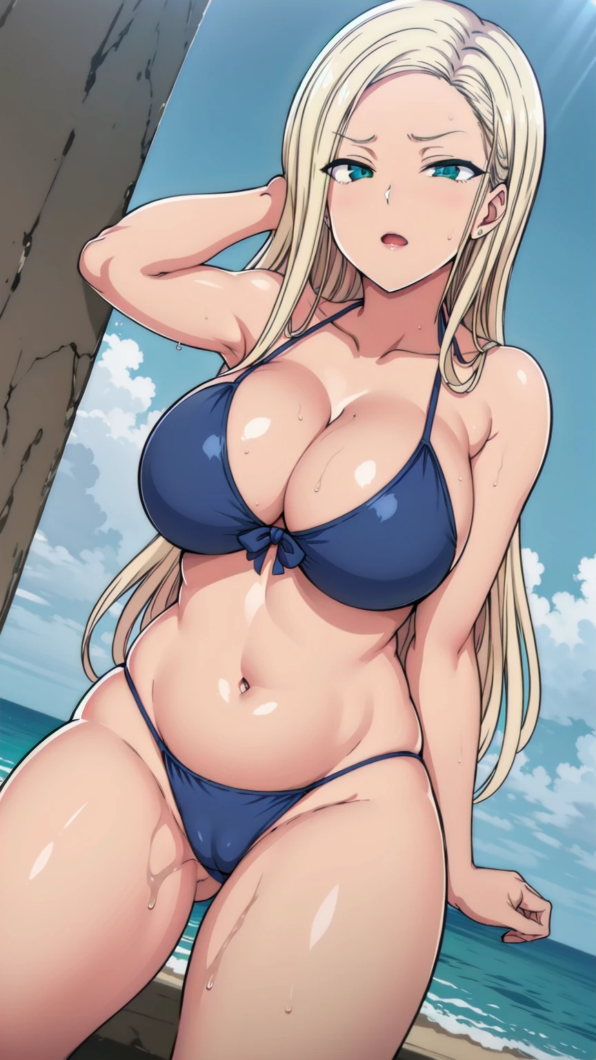 blonde_hair, green_eye,length_hair,Broke up_前hair,(narrow_Waist),looking at the viewer, blue theme, blue background, cloudy sky, sunlight, sweat, orgasmic, bikini swimsuit, large breasts, cleavage, belly button exposed, collarbone, thighs, sea ,